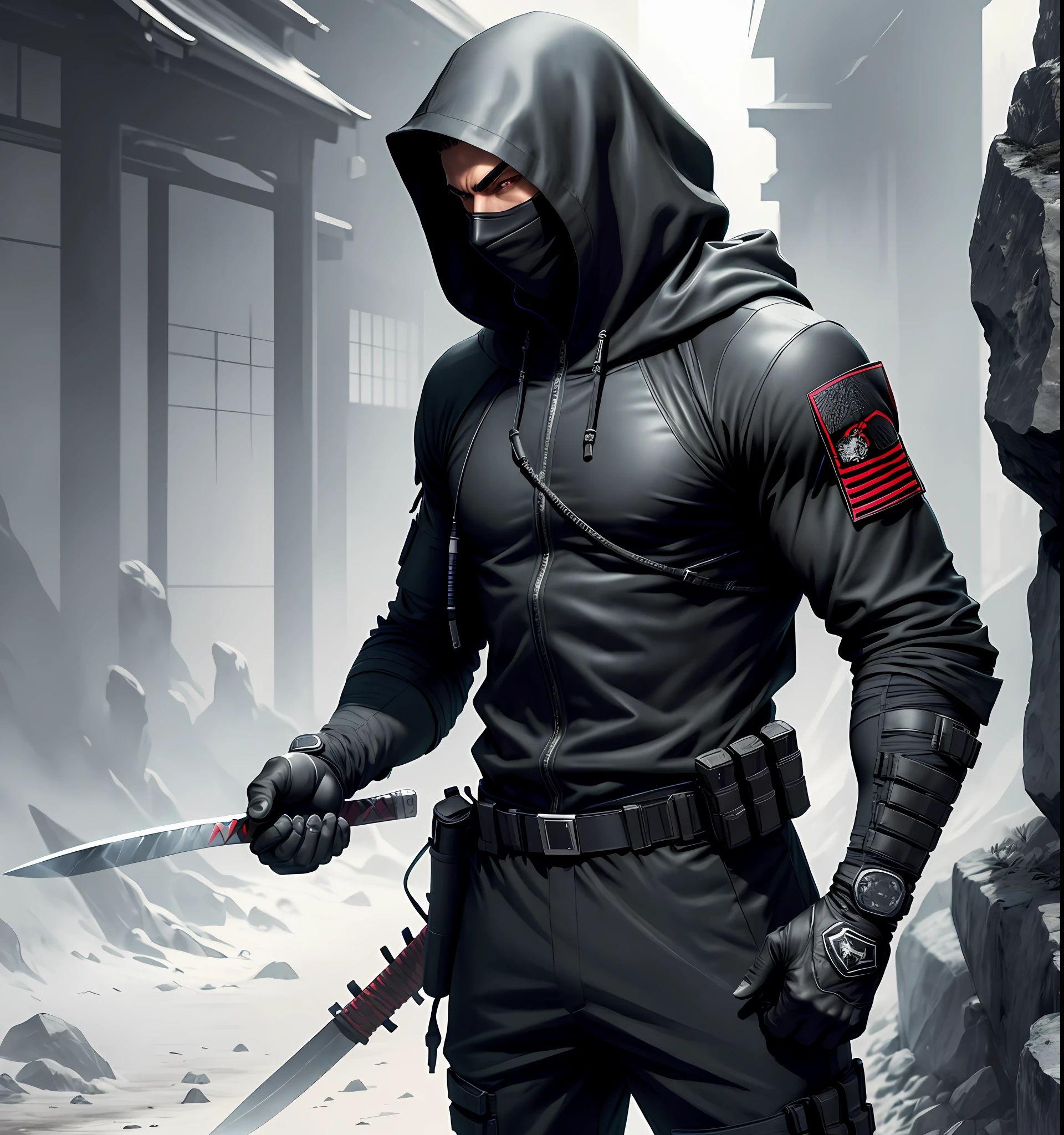 1 man wearing dark tactical combat suit, covering his entire body, with a hood and tactical combat black mask that covers him up to his nose, futuristic Japanese Katana
and Karambit on his hands, assassin style