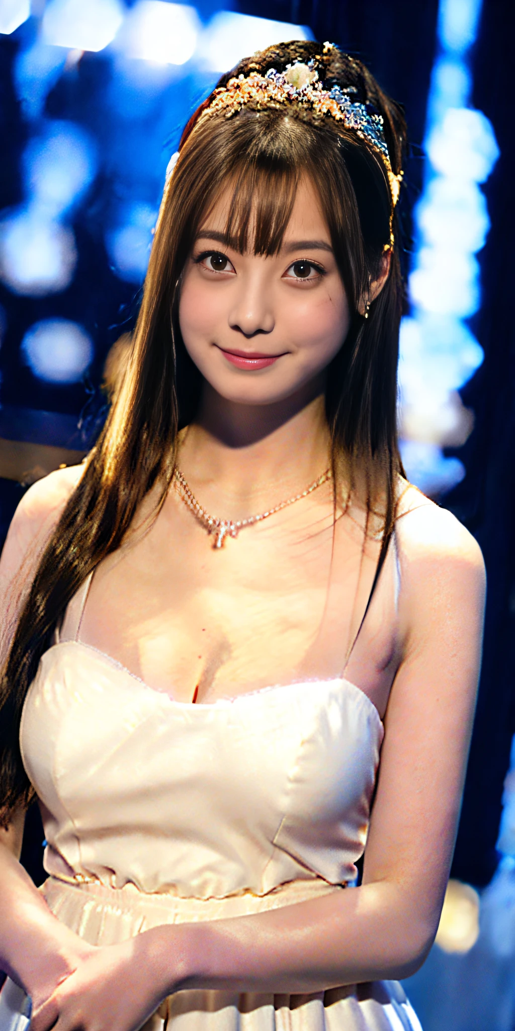 Best quality, masterpiece, high resolution, 1girl, clear silk porcelain dress, (Bewitching sexy dress), beautiful face, slender face, hair accessories, (looking at the audience), smiling, close your mouth, lips, dress, hair accessories, necklaces, jewelry, long hair, earrings, upper half of body, ((huge breasts, cleavage)), Tindal effect, realism, dark studio, edge lighting, two-tone lighting, (high detail skin: 1.2), 8k UHD, DSLR, soft light, high quality, volumetric lighting, photo, high resolution 4K, 8k, blurred background