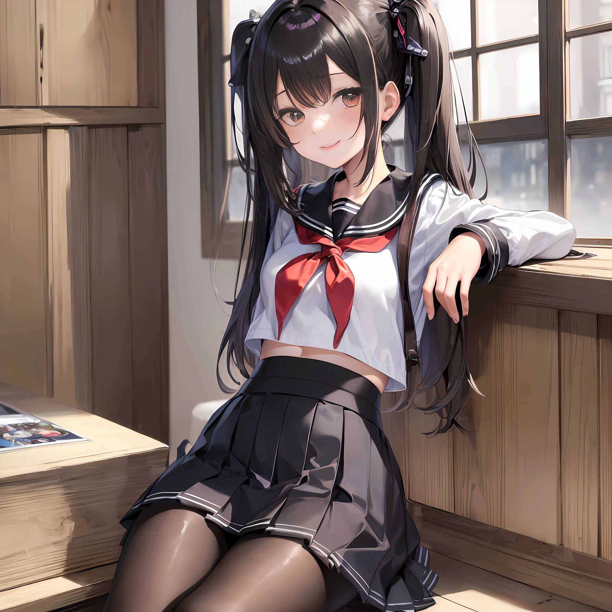 ((masterpiece)), (((best quality))), ((ultra-detailed)), ((illustration)), ((disheveled hair)), ,pantyhose,serafuku,sitting,smile,miniskirt,twintails,Black hair