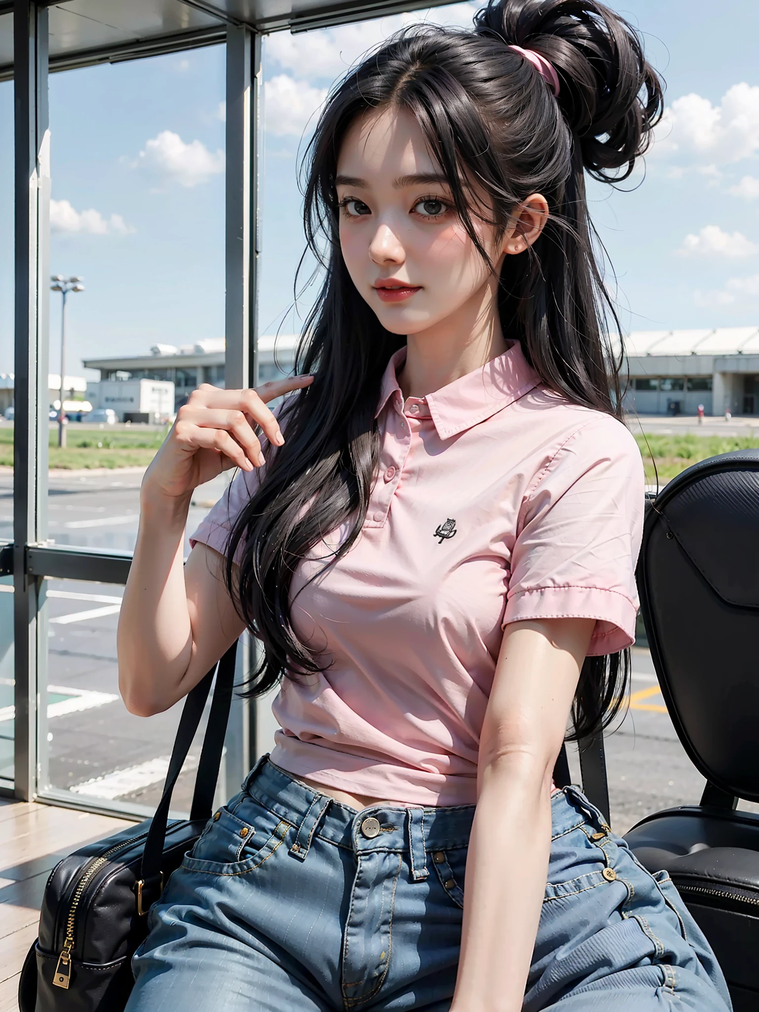1 girl, (black hair semi-long) (beautiful hair), polo shirt corde (light pink) (cotton fabric), denim trousers actress, light smile, shiny skin
Best quality, masterpiece, (photorealistic: 1.4), inside the airport, small bag, black