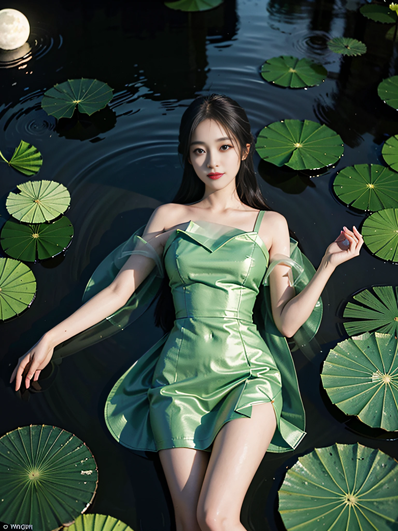 1girl,(light smile:1.3),(green dress),(lotus pond),(lily pads),(lotus flowers:1.3),(butterfly:1.4), (paper fan), (floating leaves),(wind), (lying), (transparent water:1.1),(moonlight:1.3),(peaceful atmosphere:1.4), (wide shot),(from above),(green theme:1.2), She lying in the center of the lotus pond, smile, smirk, glint, red lips, The girl wearing a beautiful Hanfu, perfectly matched with the surrounding scenery. The beautiful night, the moonlight reflected in the water, creating a calm atmosphere. From above, the viewer can see the lily pads and lotus flowers that surround her, there are mysterious light under water illuminating the fish swimming elegantly around her. Many blue butterflies dancing around the girl, The green theme dominates the scene, with shades of emerald and jade that highlight the natural beauty of the pond. The rippling water and moonlight add to the tranquil mood, making it the perfect spot for relaxation and reflection.