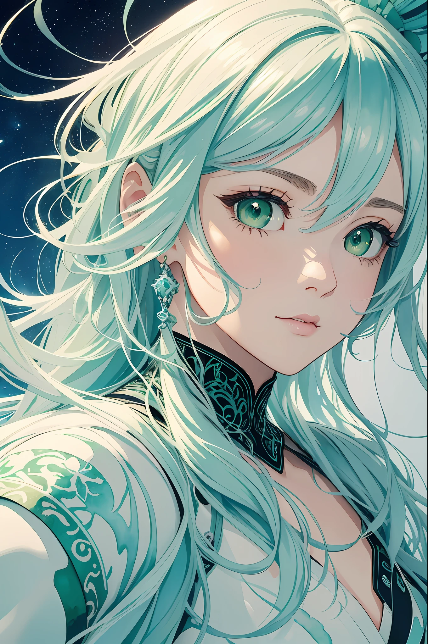 stechu, (white background: 1.4), ((tachi-e)), original, (illustration: 1.1), (best quality), (masterpiece: 1.1), (very detailed CG unity 8k wallpaper: 1.1), (color: 0.9), (panoramic shot: 1.4), (single: 1.2), (splashed ink), (splashed color), ((watercolor)), clear sharp focus, (absurd, high resolution, super detailed), 1girl, solo, very detailed eyes, (Official Art, Beauty and Aesthetics: 1.2), (Fractal Art: 1.3), White and Green Color Scheme, Most Detailed --auto --s2