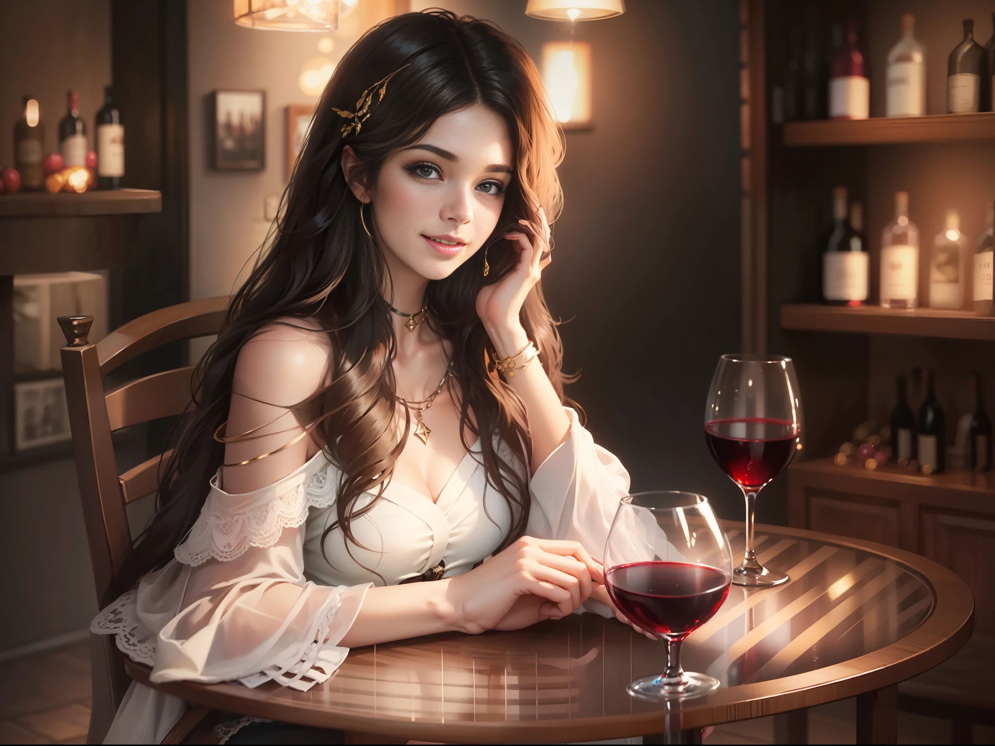 A dark-haired young woman sat at the wine table laughing happily