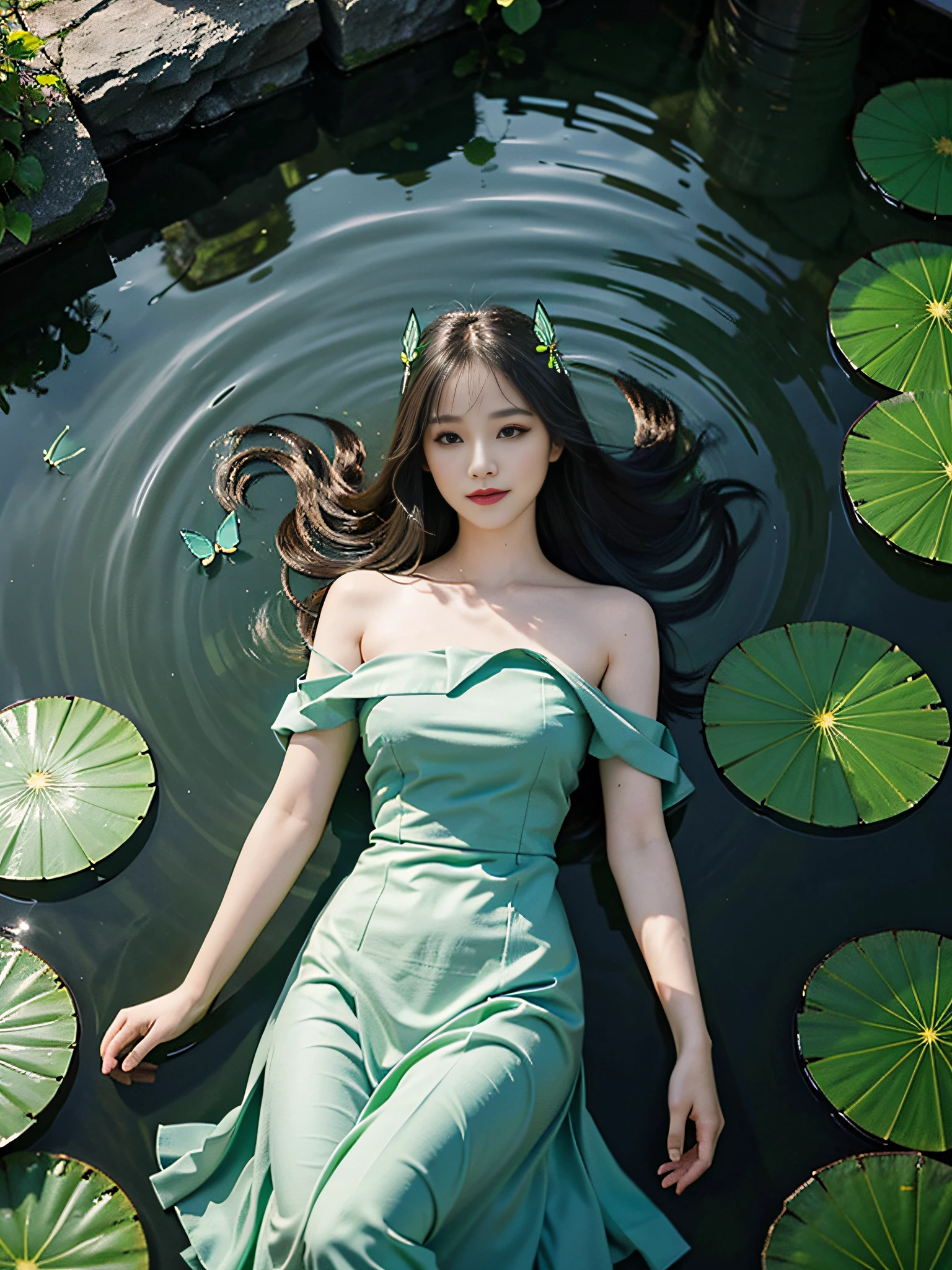 1girl,(light smile:1.3),(green dress),(lotus pond),(lily pads),(lotus flowers:1.3),(butterfly:1.4), (paper fan), (floating leaves),(wind), (lying), (transparent water:1.1),(moonlight:1.3),(peaceful atmosphere:1.4), (wide shot),(from above),(green theme:1.2), She lying in the center of the lotus pond, smile, smirk, glint, red lips, The girl wearing a beautiful Hanfu, perfectly matched with the surrounding scenery. The beautiful night, the moonlight reflected in the water, creating a calm atmosphere. From above, the viewer can see the lily pads and lotus flowers that surround her, there are mysterious light under water illuminating the fish swimming elegantly around her. Many blue butterflies dancing around the girl, The green theme dominates the scene, with shades of emerald and jade that highlight the natural beauty of the pond. The rippling water and moonlight add to the tranquil mood, making it the perfect spot for relaxation and reflection.