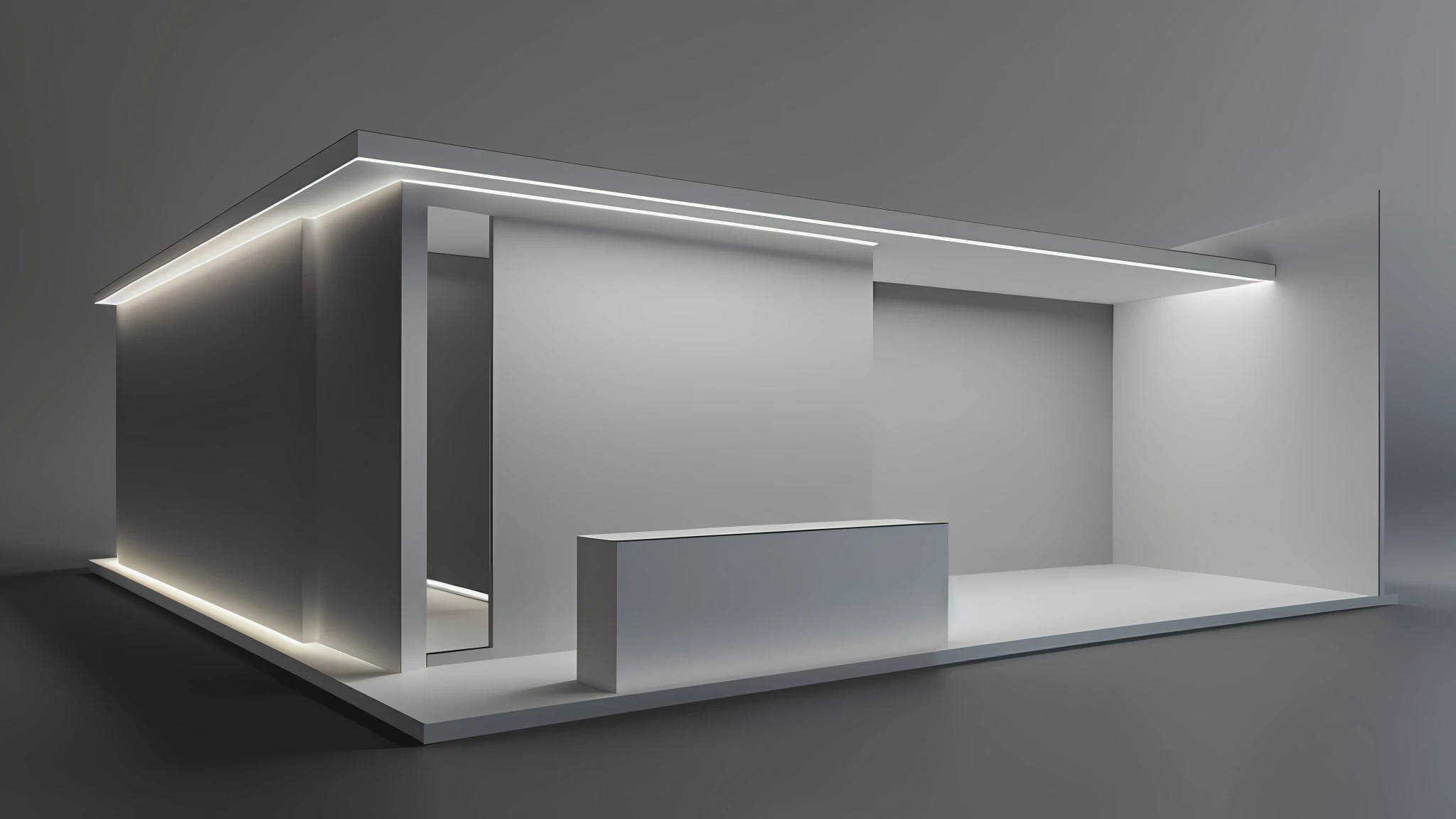 Close-up of trade show booth with tables and chairs, showroom lighting, exhibition displays, exhibitions, booths, rendering 3D models, 3D final rendering, 3D final rendering, physically based rendering, 3D rendering model, monochrome 3D model, ambient occlusion, ambient occlusion rendering, 3D modeling, 3D modeling, 3D modeling, 3D modeling, 3D modeling, 3D modeling