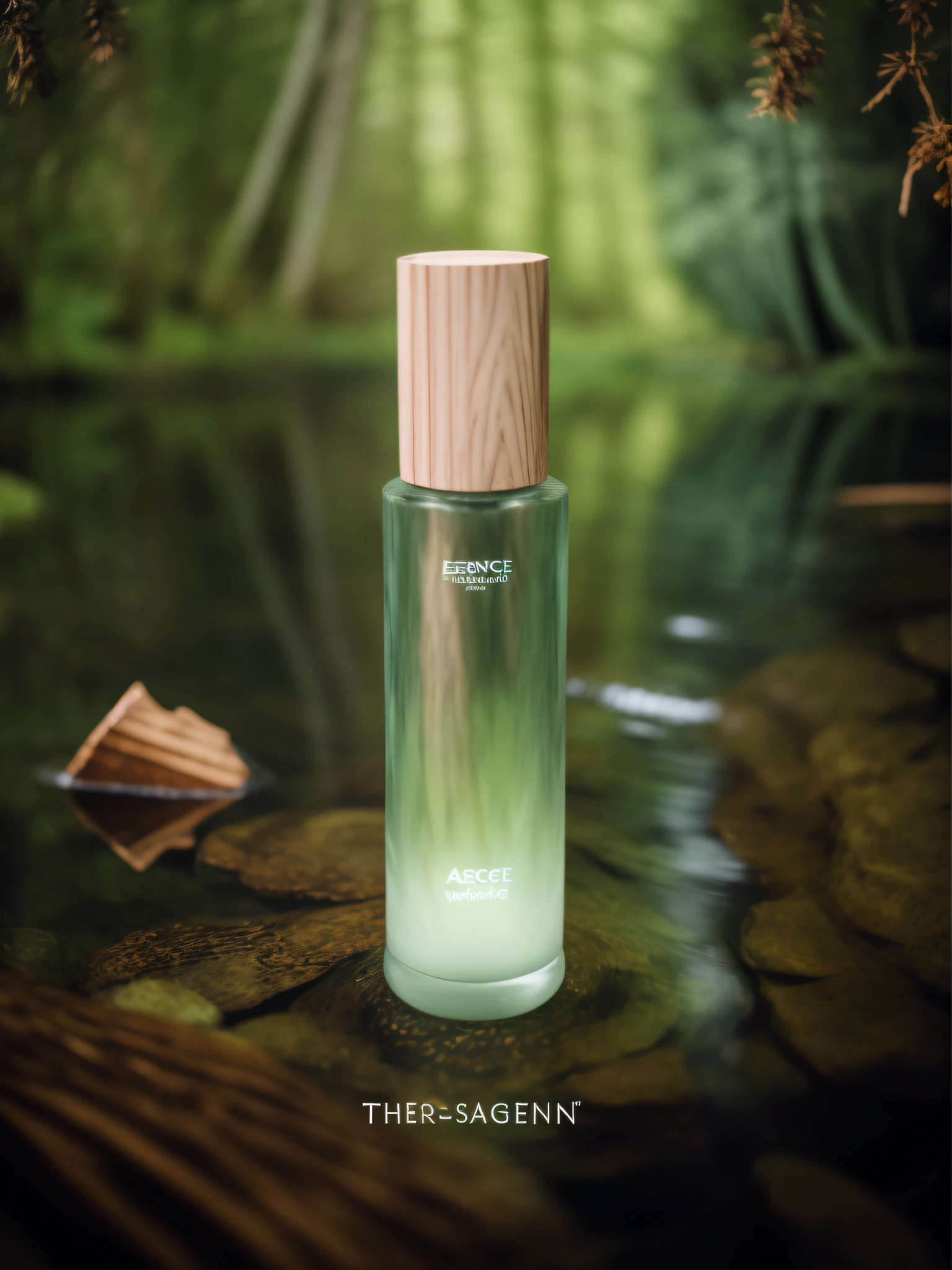 Essence from the forest, off-white lid with wood grain, glass bottle body, frosted glass, standing in the stream, ripples of the water and reflection in the water