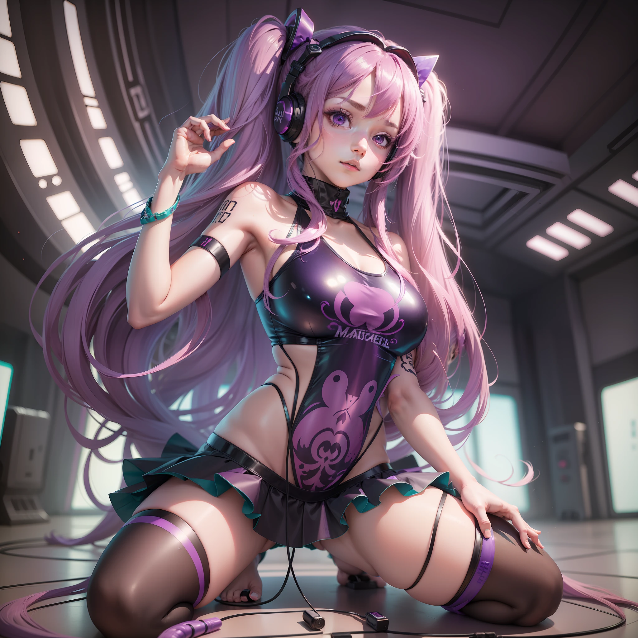 ((Masterpiece))), (Best Quality)), Chromatic Aberration, 1girl, Solo, Skirt, Hatsune Miku, Long Hair, Thighs, Straight Hair, Kneeling, ,Headset, Red Purple Eyes, Red Purple Hair, Full Body, Background Live Venue, Very Long Hair, Tattoo,Hair Ornament, Wearing a Pink Swimsuit, Happy
