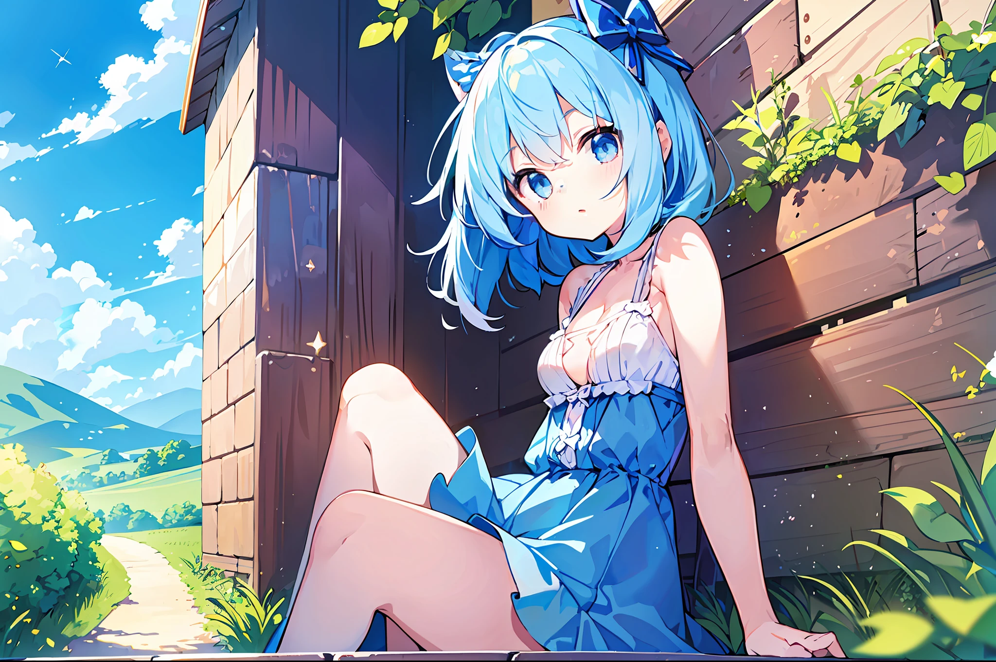 (masterpiece), (top quality), one , loli with pe light blue hair, dress, sleeveless, small breasts, cleavage, thighs, blue sky and meadow