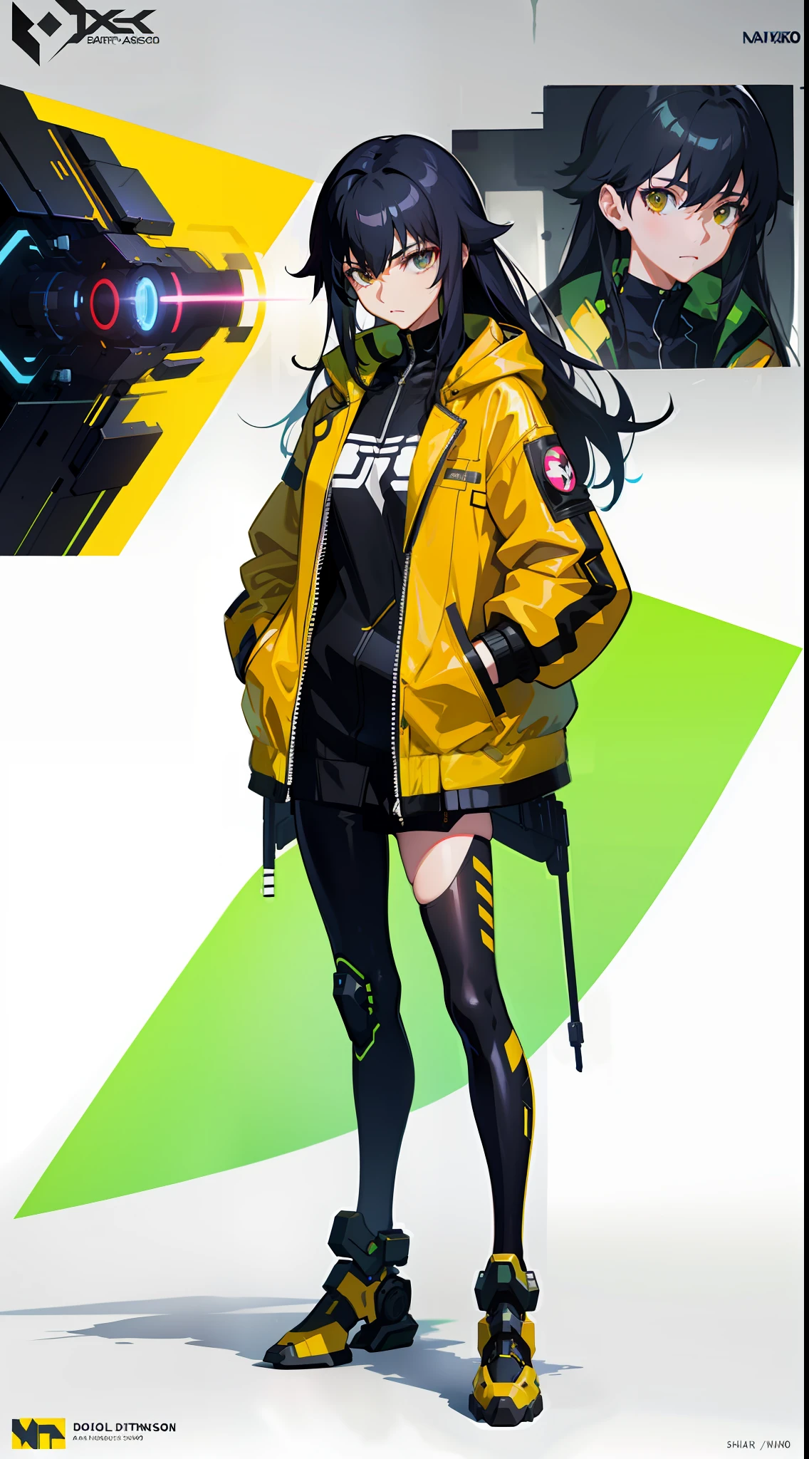 A girl, yellow jacket, black stockings, hands in pockets, staring at another person, messy long hair, cyberpunk, 8k resolution, very detailed, anatomically correct, digital painting, concept art, Makoto Shinkai style, clear picture,