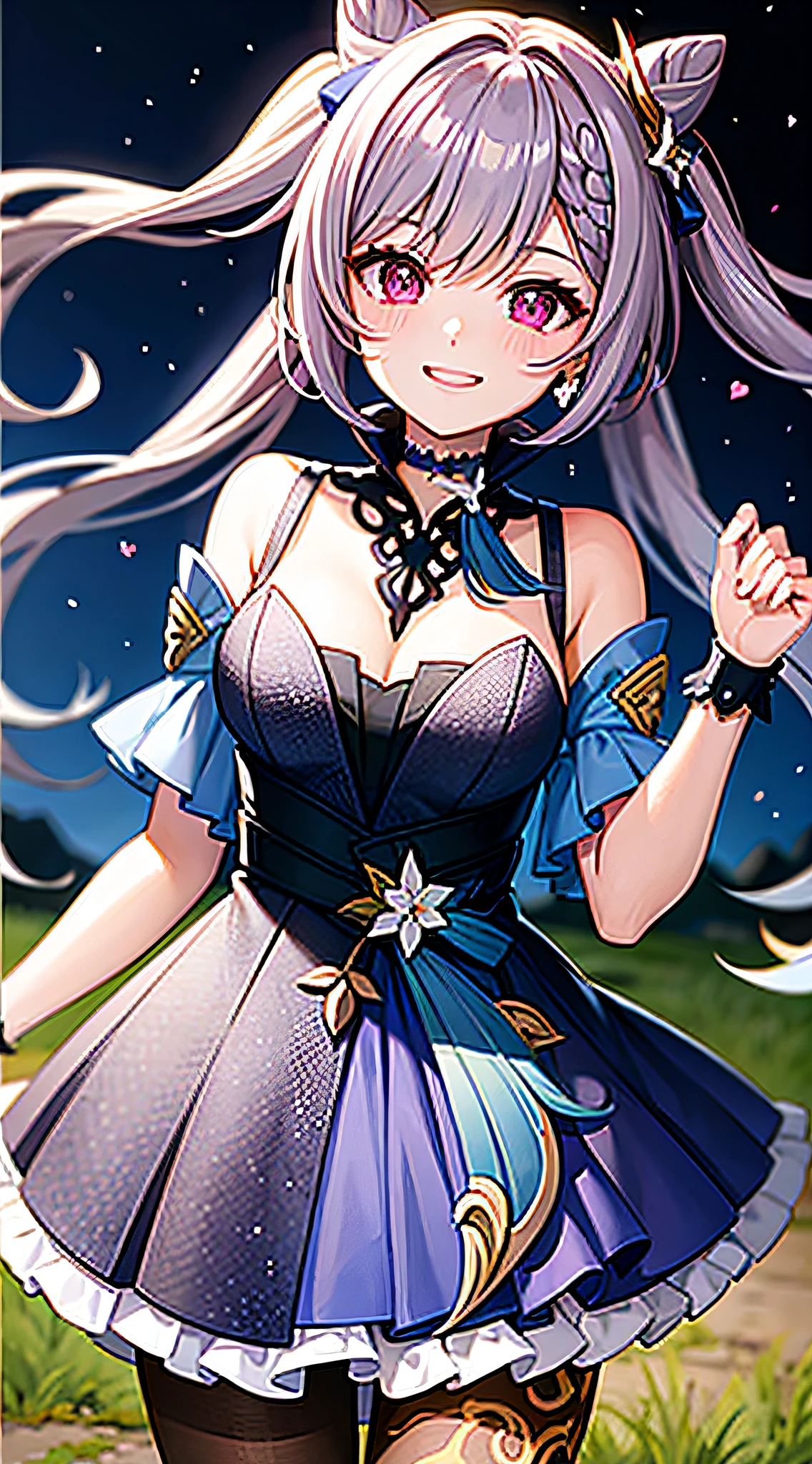 ((Heart-shaped pupil)), smiling, park background, night sky, medium closeup