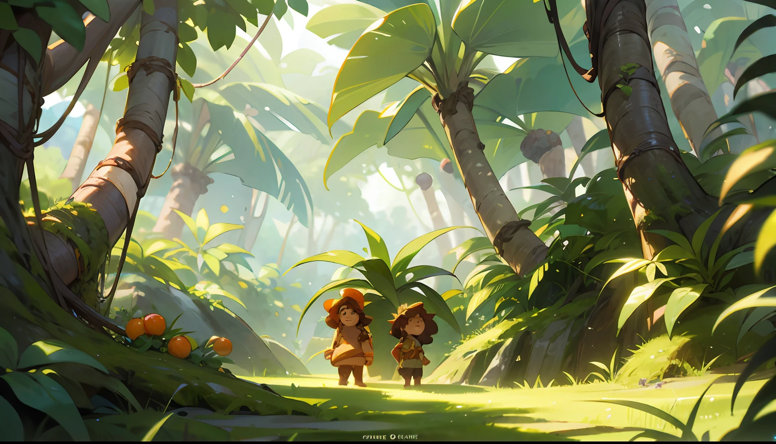 illustration game scene, The Croods, DreamWorks animation, background image of game characters, natural environment, high quality background image with empty ground, wide angle photography, fantasy plants, berries, moss, microscopic perspective, cartoon style, tropical plants, horizontal composition, bright, super high resolution, super high quality, clear detail, forest, game scene map