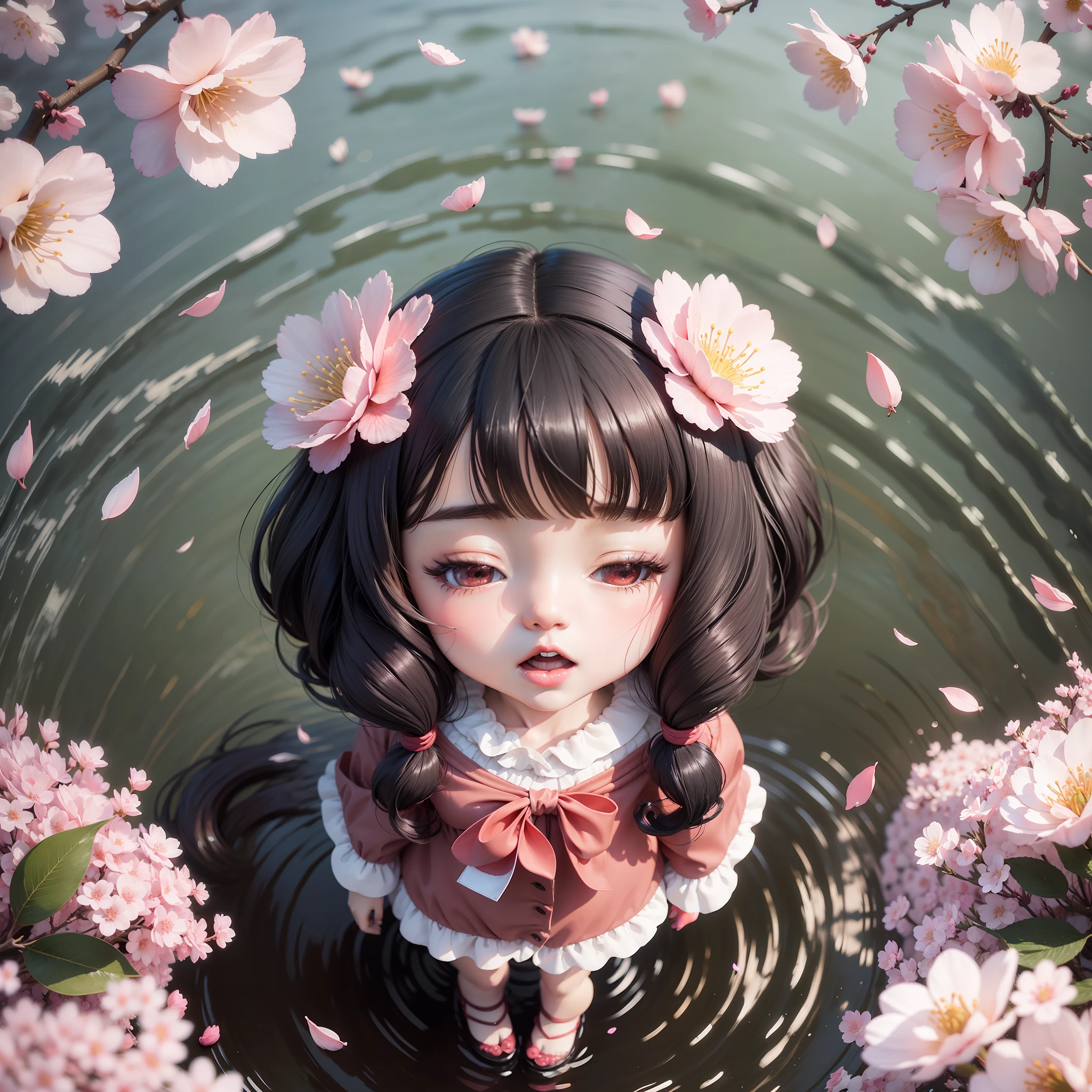doll in dress standing on cherry blossom pond, doll walking on water with open arms, cherry blossom petals around doll, black hair, accessories, yawning face, sengai, pixiv, dolfie dream, watercolor nendoroid, (high definition figure), flowing cherry colored silk, nendroid, highly_detailed!!, cherry blossom petals, flowing cherry blossom silk, season!!: 🌸 ☀ 🍂 ❄