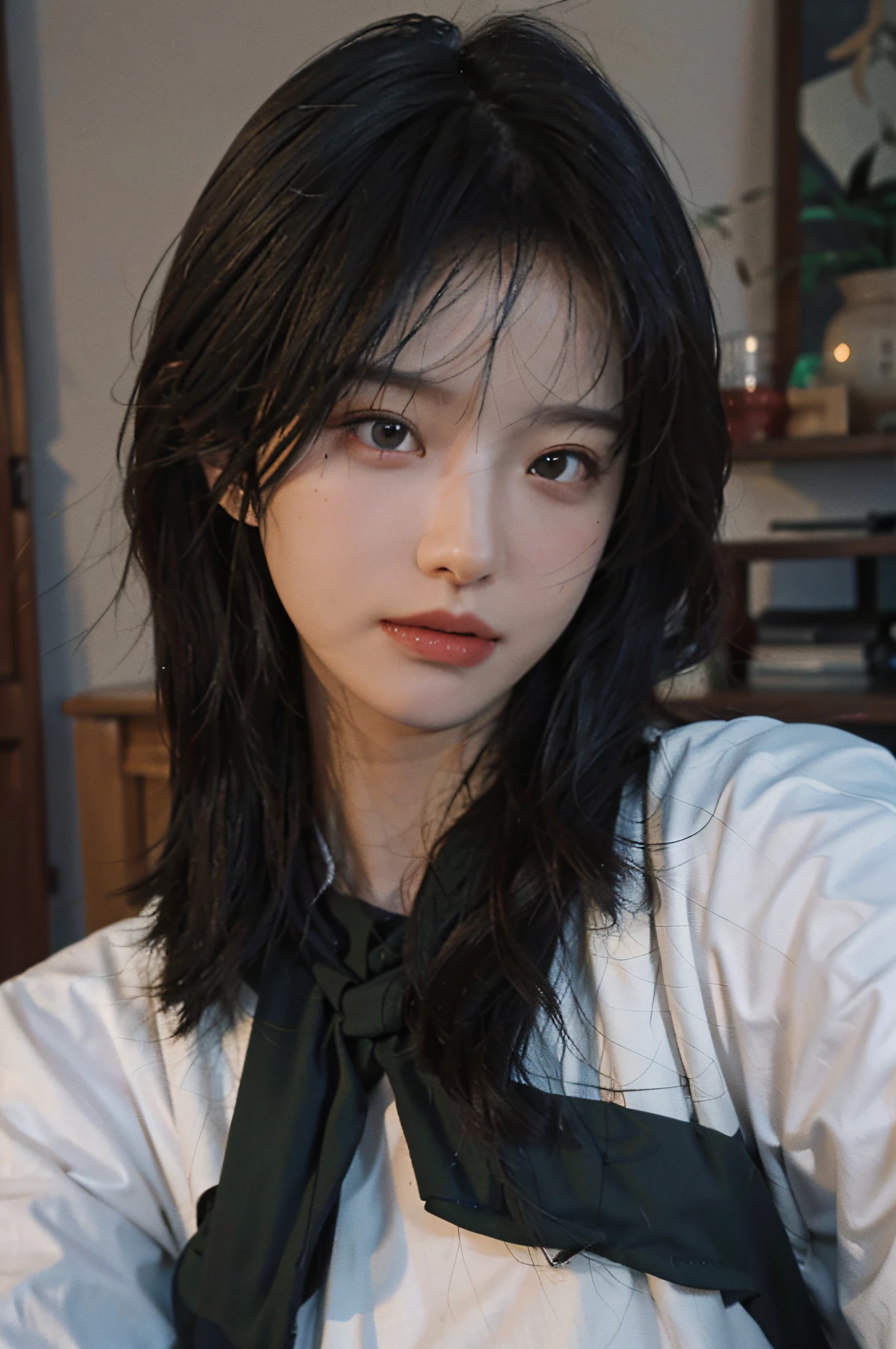8K, Best Quality, Masterpiece, Ultra High Resolution, (Realism: 1.4), Original Photo, (Real Skin Texture: 1.3), (Film Grain: 1.3), (Selfie Angle), 1 Girl, Beautiful Emerald Eyes and Face Details, Masterpiece, Best Quality, Close Up, Upper Body, Looking at the Viewer