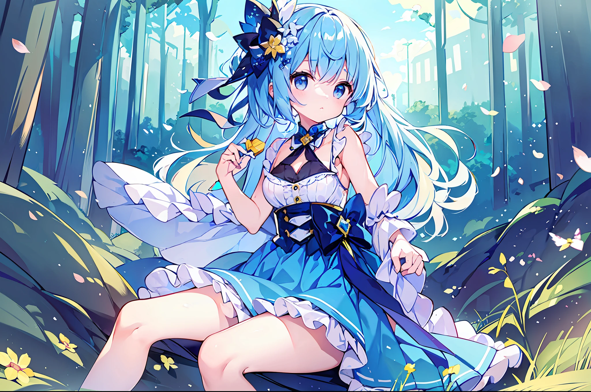 (masterpiece), (top quality), one , loli with pe light blue hair, dress, sleeveless, small breasts, cleavage, thighs, blue sky and meadow