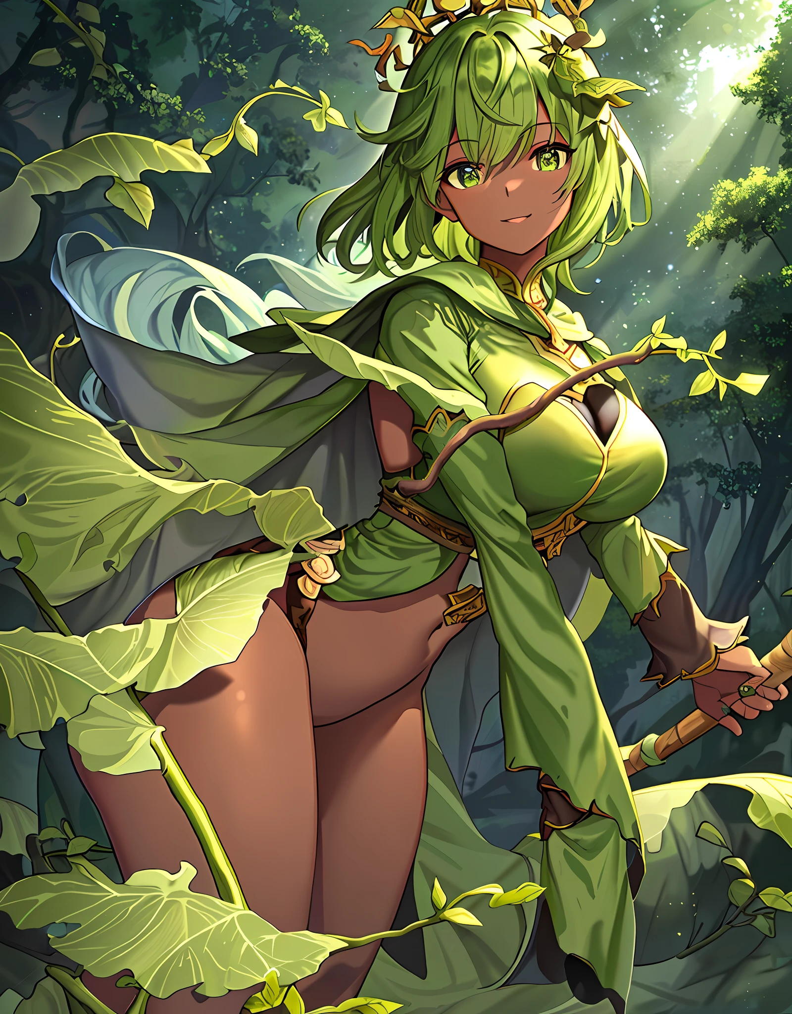 ファンタジー, 1forest_elemental_girl, dynamic_pose_fighting, (using_leaves_clothes, green_leaves_covered_breasts, leaves_covered_pussy)+++,big_tits,dynamic_pose_standing, light_smile, 眠い, medium_hair, へそ,(dark_skin)+, オイル, (winding_vine_around_torso)++, (ふっくらと)+,森, trees_background, leaves_headgear, green_leaves_cape, hold_large_long_staff, large_thighs, large_ass, solo,