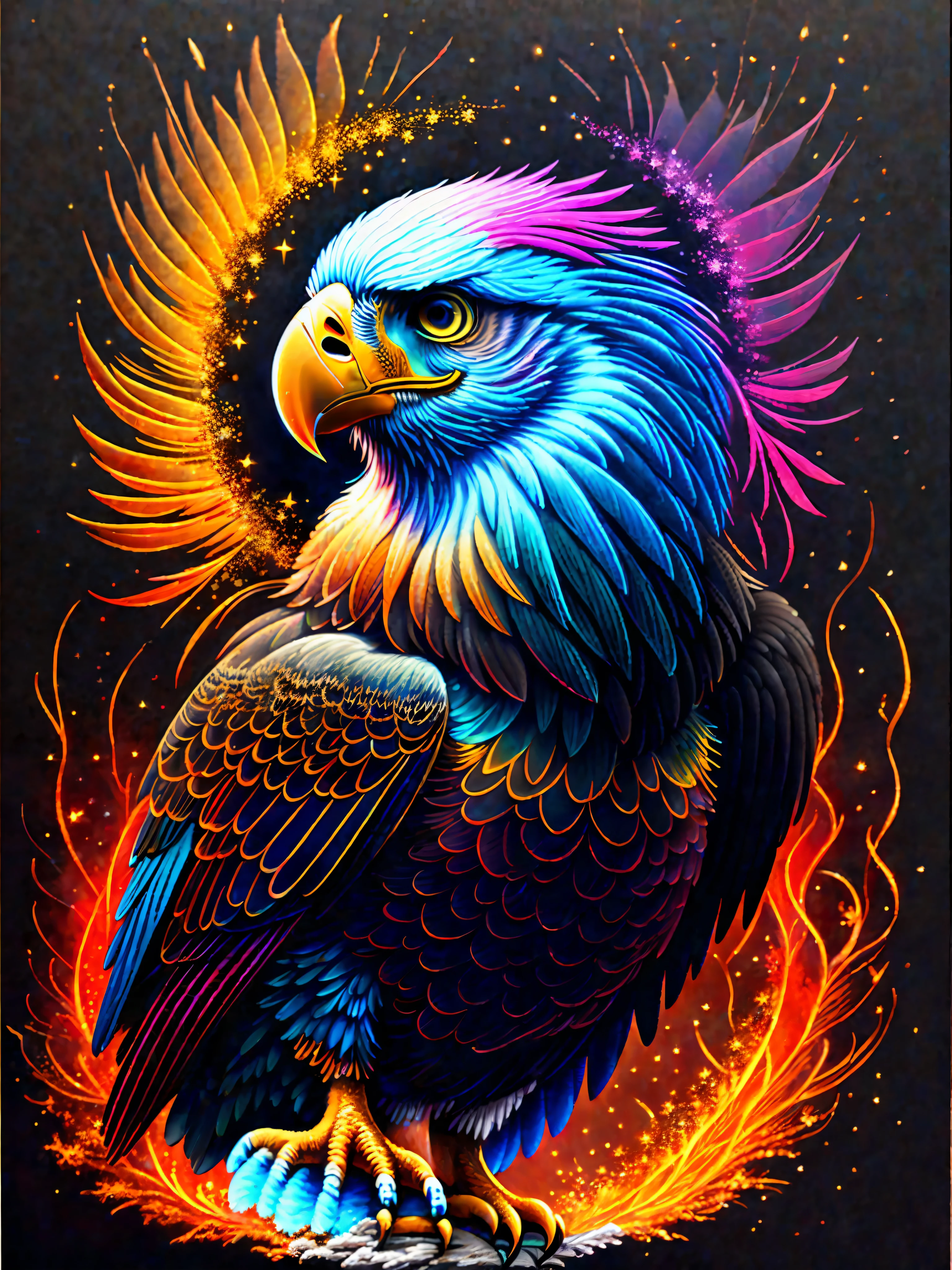 a painting of a colored eagle on a black background,, breathtaking rendering, within a radiant connection, inspired by Kinuko Y. Craft,, magical elements, kitten icon, wow, is beautiful, casting a multi colorful spell, bright flash, flash