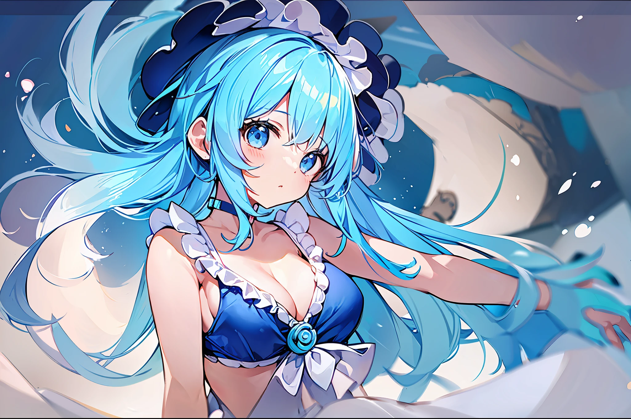 (Masterpiece), (Best Quality), One Little Girl, Light Blue Hair , One Piece, Sleeveless, Small Breasts, Cleavage, Absolute Territory, Blue Sky and Meadow