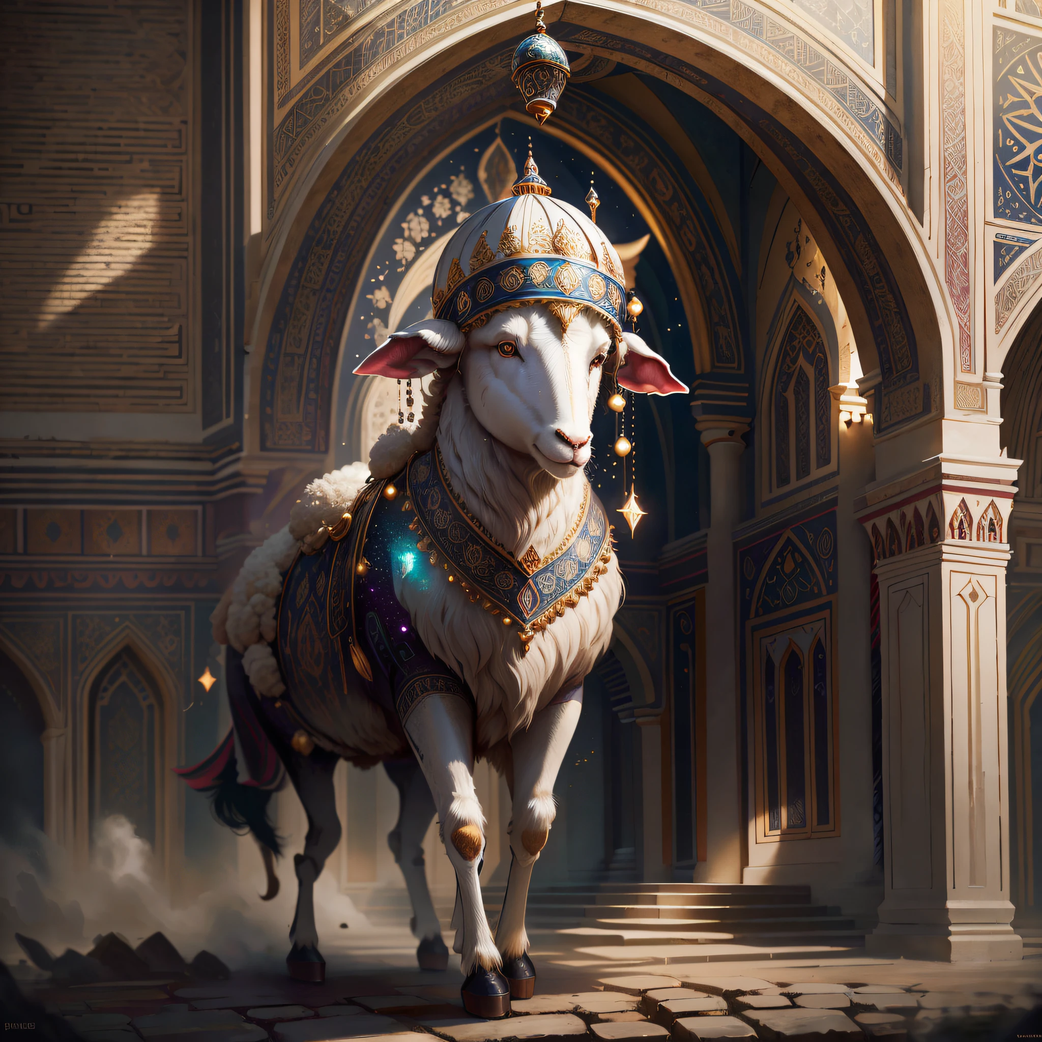 sheep, crescent moon, mosque, islamic patterns, high detail, Expressionism, Realism, sparkle, depth of field, cinematic lighting, backlighting, ray tracing, Fujicolor, high quality, super detail, best quality, masterpiece, anatomically correct, textured skin, 16k
