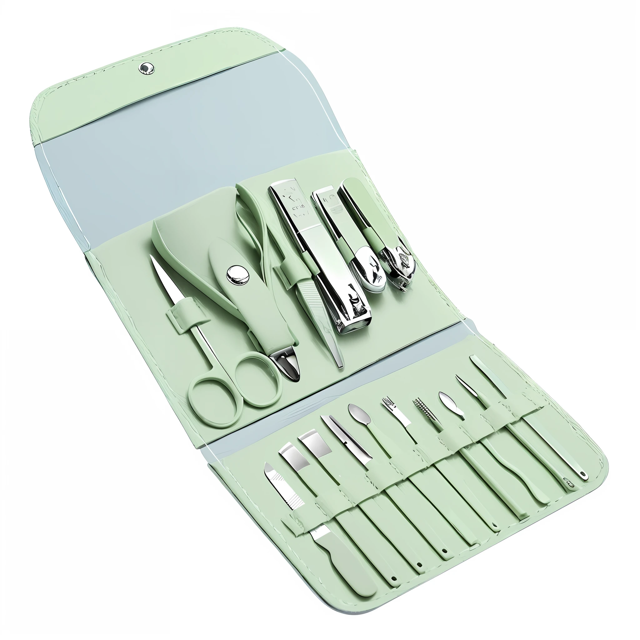 Set of luxurious nail clippers set, one-third the size of the picture, bionics, hyper-realism, photographs, photographs, photographic work, background is forest, flowers, bright colors, silky smooth background, 4k, caustic, full frame, delicate glass texture, black screen background, wonderful reflections --v 6