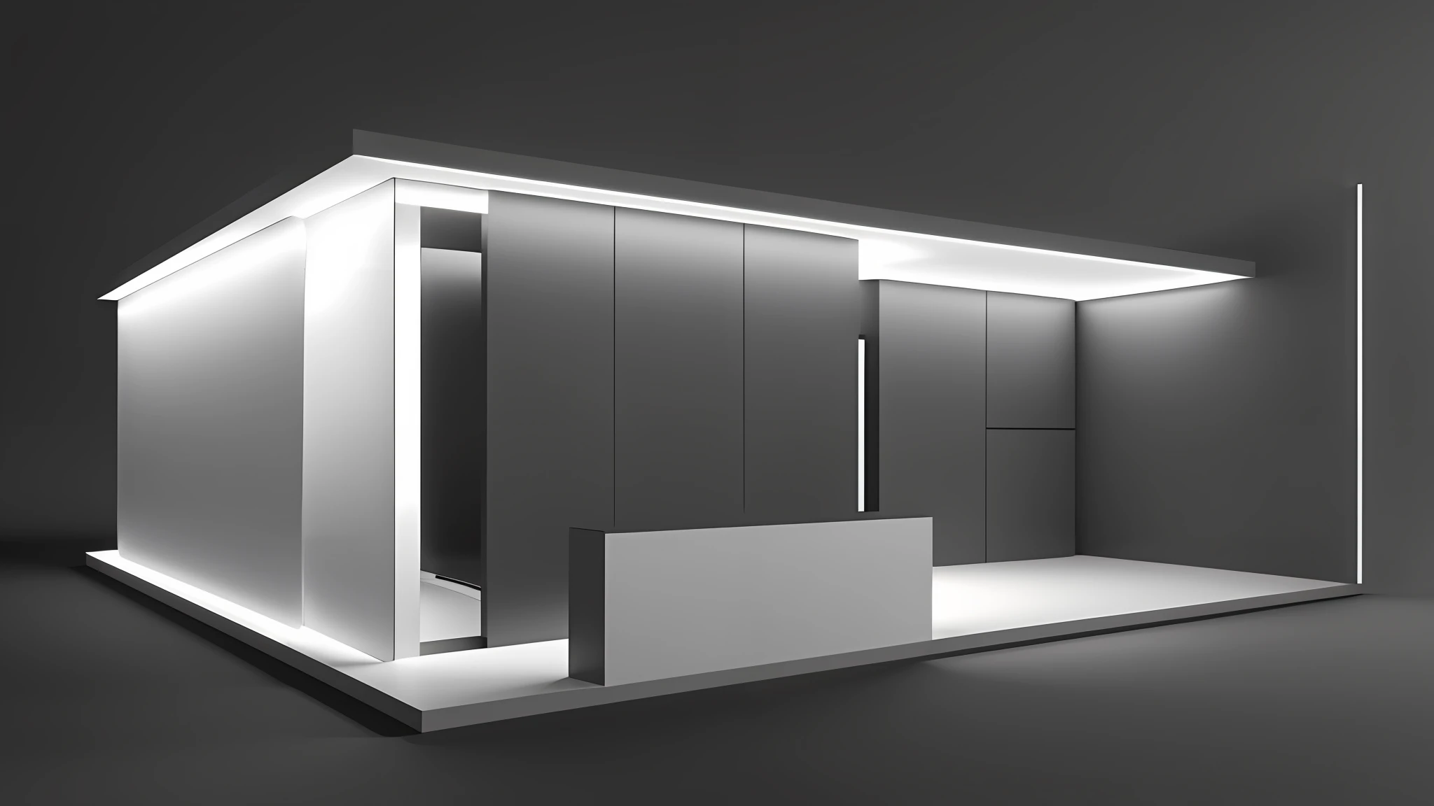 Close-up of trade show booth with tables and chairs, showroom lighting, exhibition displays, exhibitions, booths, rendering 3D models, 3D final rendering, 3D final rendering, physically based rendering, 3D rendering model, monochrome 3D model, ambient occlusion, ambient occlusion rendering, 3D modeling, 3D modeling, 3D modeling, 3D modeling, 3D modeling, 3D modeling