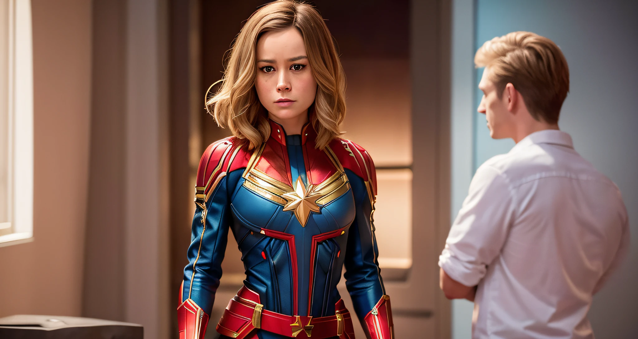 "Brie Larson:1.3,captain marvel outfit:1.2, sexy:1.2, full body portrait, medium hair, cleavage, showing breasts")