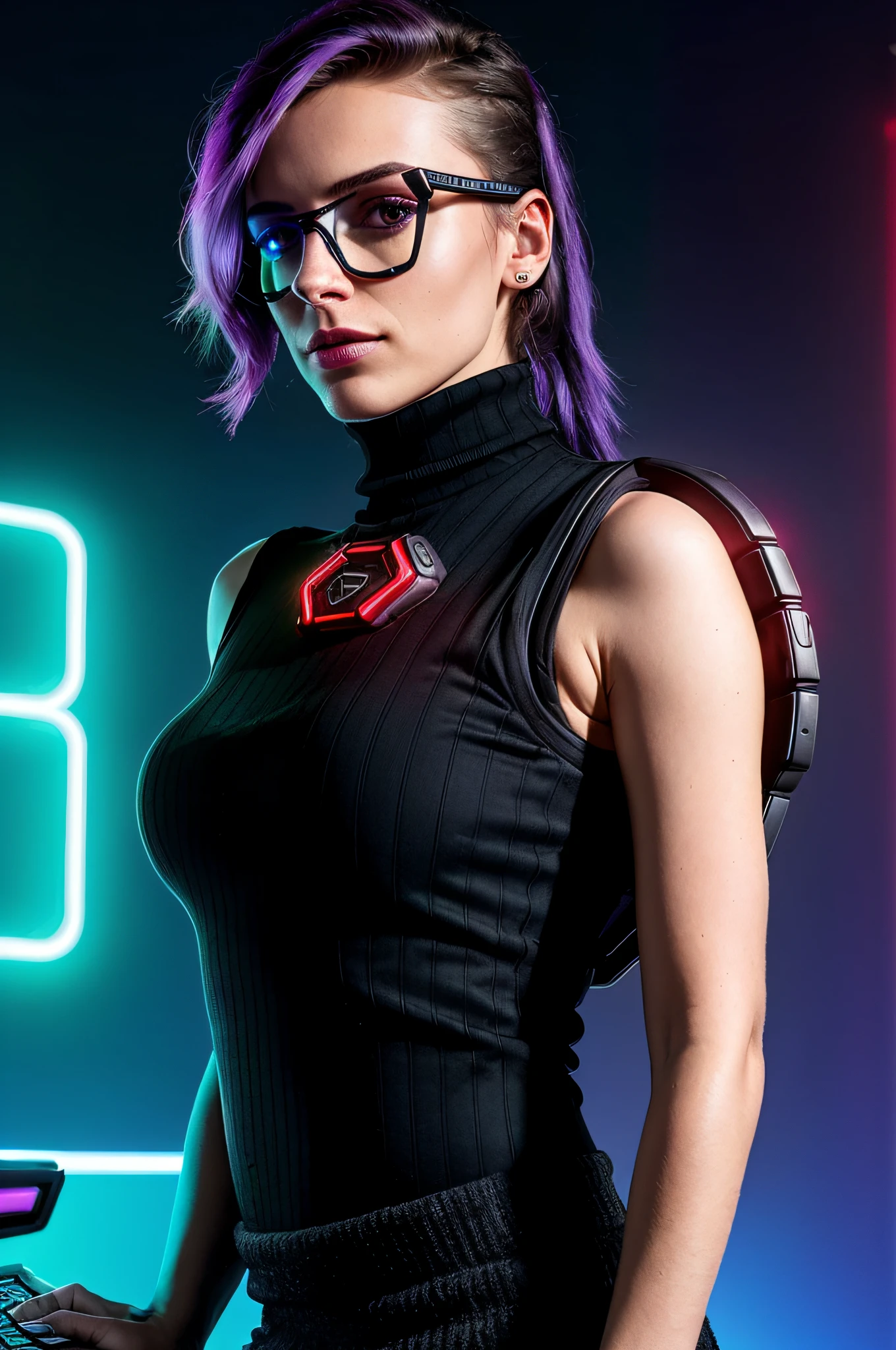 High quality HDR 8k color photography of a young designer (32 YEARS OLD) (BEAUTIFUL) WITH FUTURISTIC GLASSES, in a cyber punk coworking, , ((cyberpunk)), elegant table, with blue neon lights shining around it, highlighting all the amazing details of the computer. Behind the desk, we will put a wall with a cyber punk mural, with a futuristic and technological look. Let's add some comfortable gaming chairs and a bookshelf full of games and accessories. Lastly, we will create a vibrant and realistic lighting, with shades of neon blue and purple, highlighting every detail of the scenery((extremely detailed face)), Canon EOS R3, well lit, flawless skin, looking directly at the camera, (((small hands)) detailed ((sleeveless red and black turtleneck top) ), (detailed cyberpunk background) ray tracing, cinematic lighting,  8k, film grain