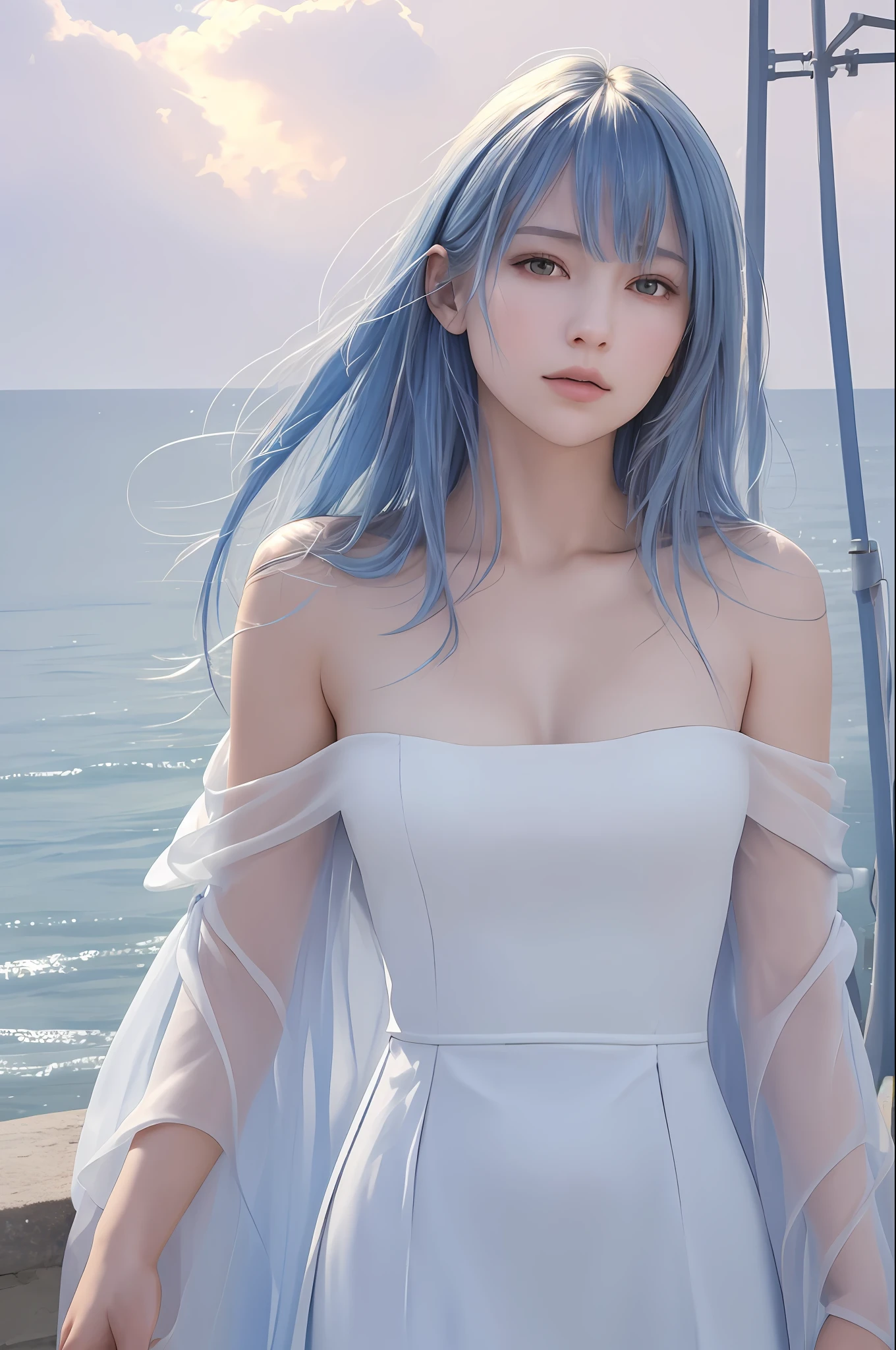 (masterpiece, realistic:1.4), (extremely intricate:1.2)>, close shot , portrait,(upper body:1.2), (from front:1.3), 191971 dress, backless dress, (long dress:1.2), very long hair, breasts, bare shoulders, sky, ocean, water, looking at viewer, italian, head tilt, wind, cloud, sunlight, outdoor, 1girl, solo, BREAK, cinematic light, ultra high res, 8k uhd, film grain, perfect anatomy, exquisitely detailed skin, best shadow, delicate, RAW,highres,