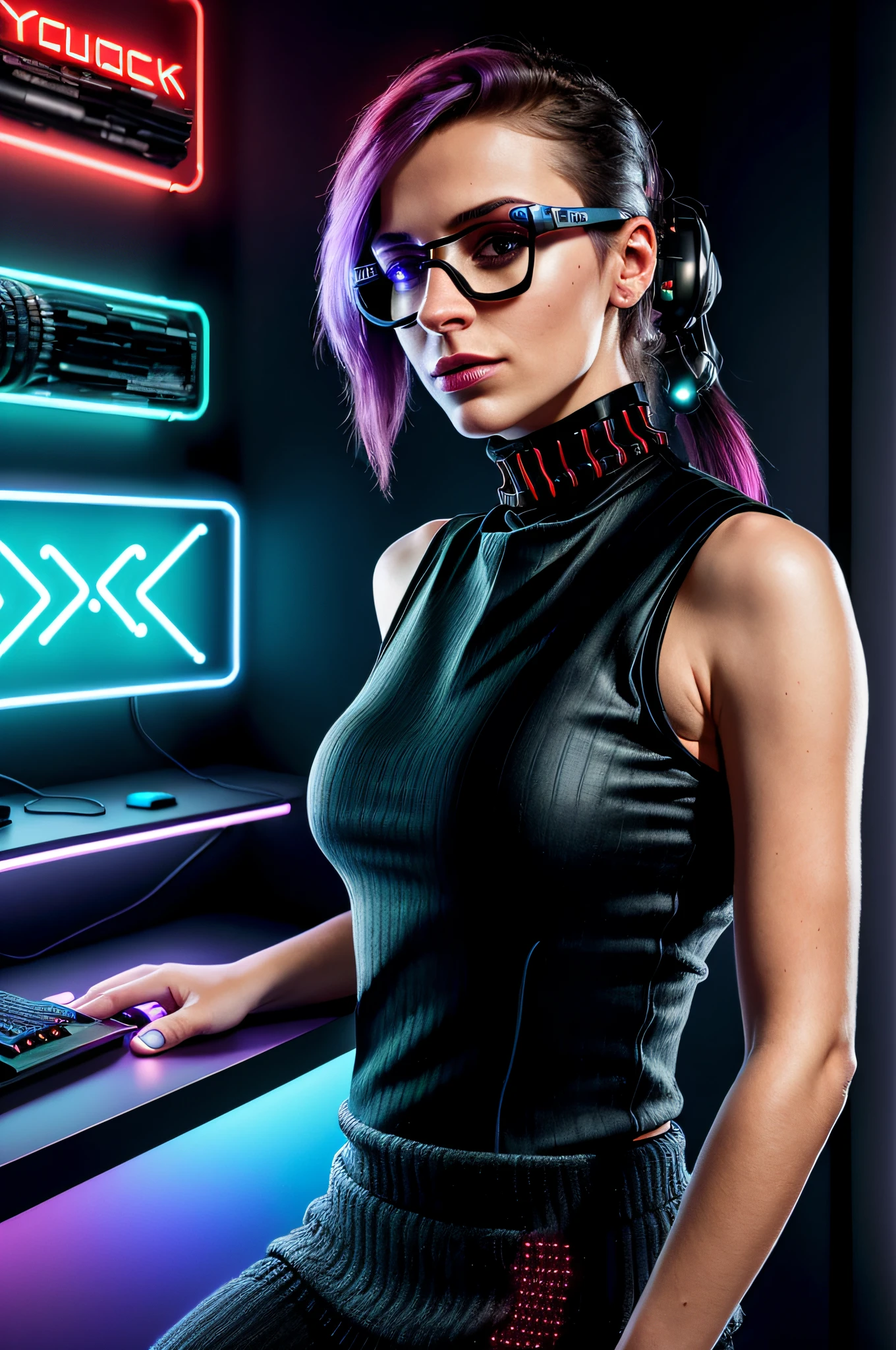 High quality HDR 8k color photography of a young designer (32 YEARS OLD) (BEAUTIFUL) WITH FUTURISTIC GLASSES, in a cyber punk coworking, , ((cyberpunk)), elegant table, with blue neon lights shining around it, highlighting all the amazing details of the computer. Behind the desk, we will put a wall with a cyber punk mural, with a futuristic and technological look. Let's add some comfortable gaming chairs and a bookshelf full of games and accessories. Lastly, we will create a vibrant and realistic lighting, with shades of neon blue and purple, highlighting every detail of the scenery((extremely detailed face)), Canon EOS R3, well lit, flawless skin, looking directly at the camera, (((small hands)) detailed ((sleeveless red and black turtleneck top) ), (detailed cyberpunk background) ray tracing, cinematic lighting,  8k, film grain