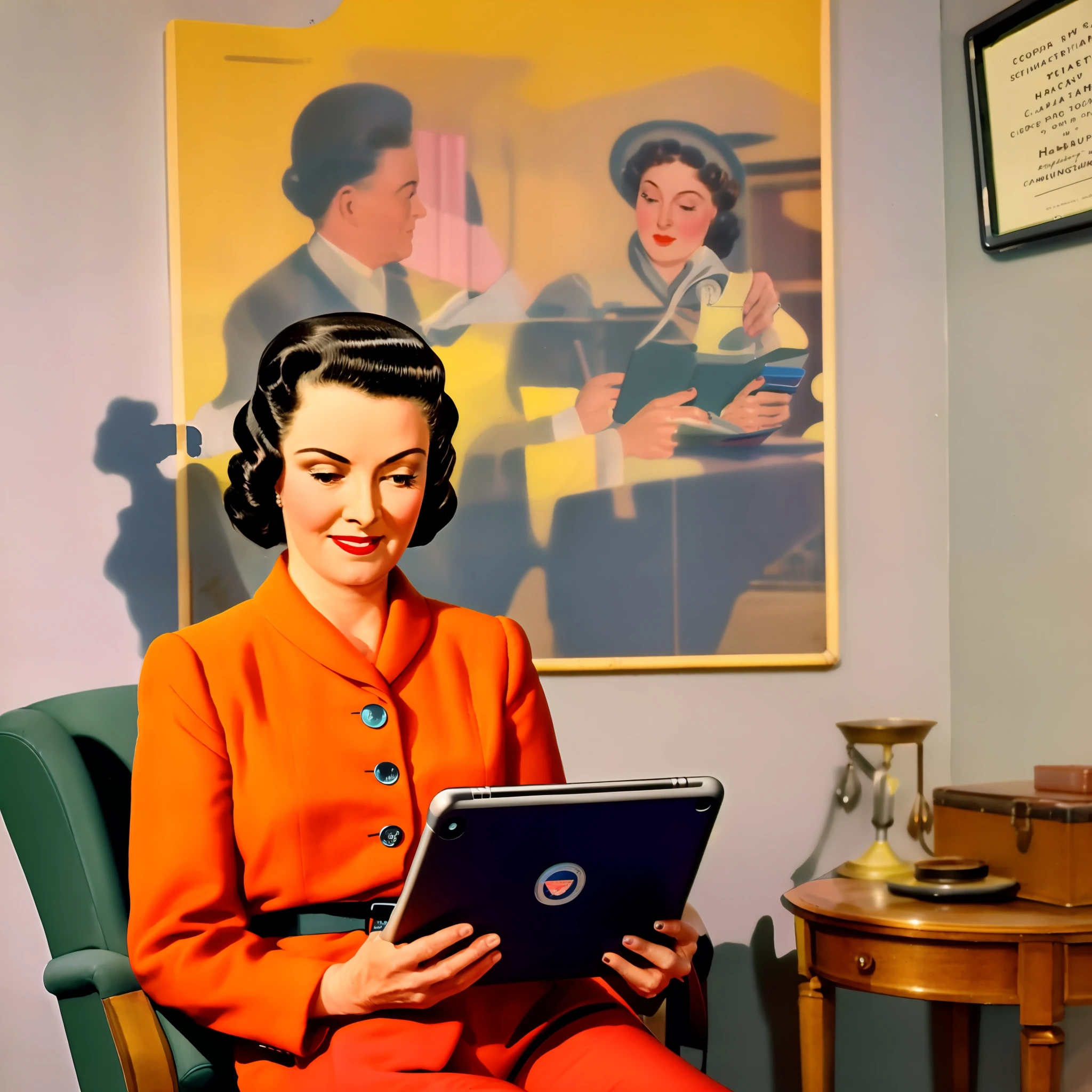 colorful photography of woman from 1940 using iPad, sitting in a room