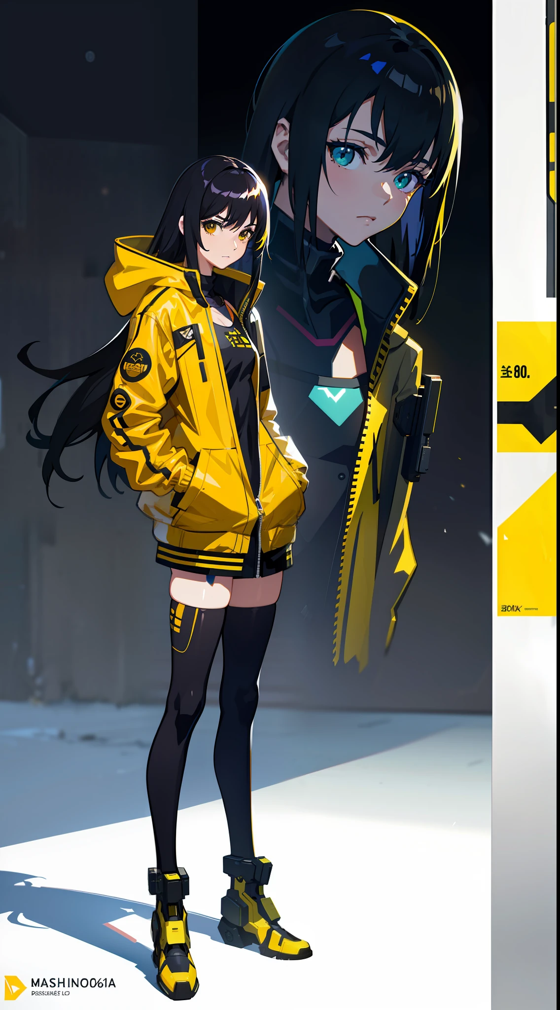 A girl, yellow jacket, black stockings, hands in pockets, staring at another person, messy long hair, cyberpunk, 8k resolution, very detailed, anatomically correct, digital painting, concept art, Makoto Shinkai style, clear picture,