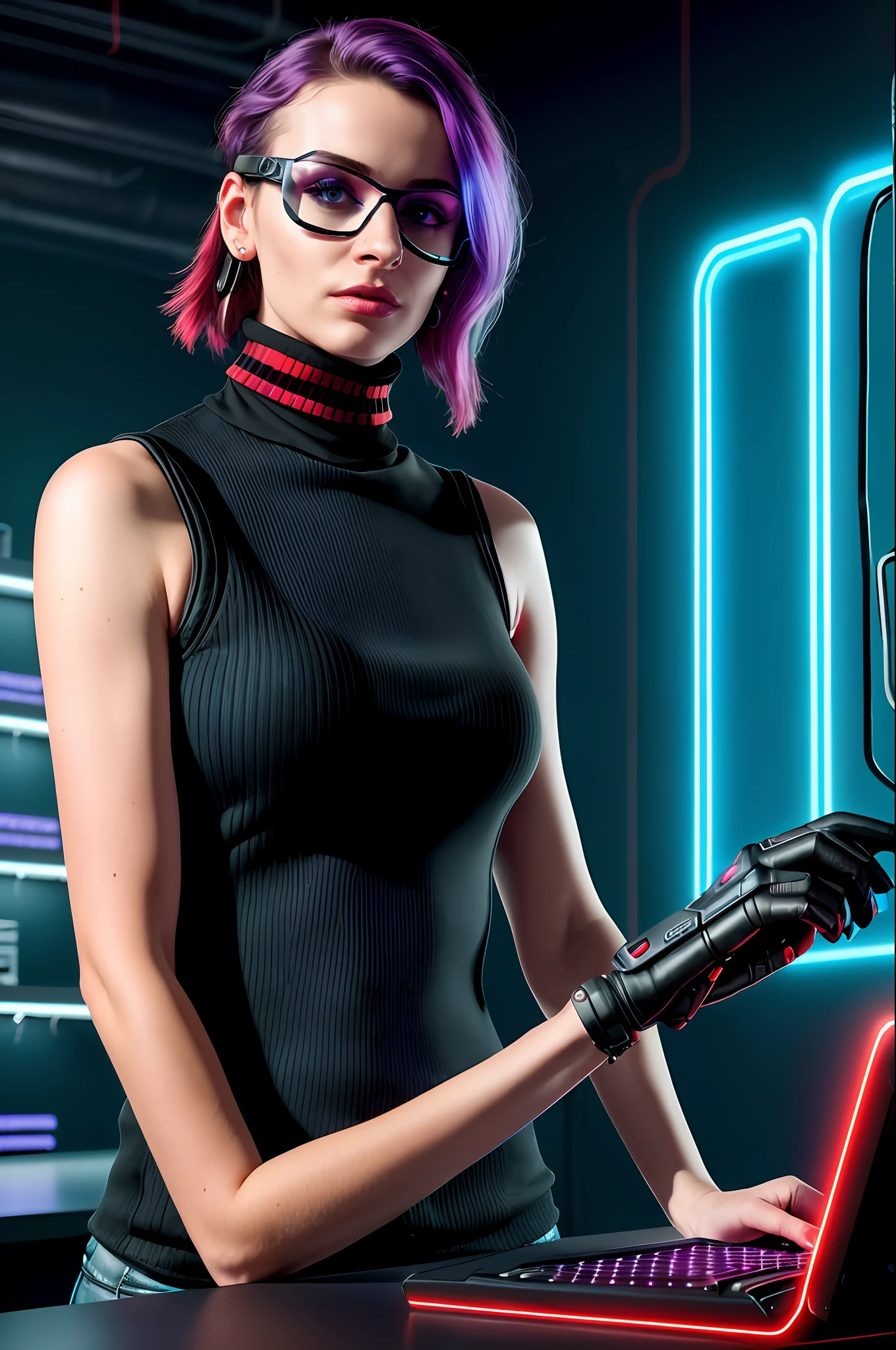 High quality HDR 8k color photography of a young designer (32 YEARS OLD) (BEAUTIFUL) WITH FUTURISTIC GLASSES, in a cyber punk coworking, , ((cyberpunk)), elegant table, with blue neon lights shining around it, highlighting all the amazing details of the computer. Behind the desk, we will put a wall with a cyber punk mural, with a futuristic and technological look. Let's add some comfortable gaming chairs and a bookshelf full of games and accessories. Lastly, we will create a vibrant and realistic lighting, with shades of neon blue and purple, highlighting every detail of the scenery((extremely detailed face)), Canon EOS R3, well lit, flawless skin, looking directly at the camera, (((small hands)) detailed ((sleeveless red and black turtleneck top) ), (detailed cyberpunk background) ray tracing, cinematic lighting, 8k, film grain