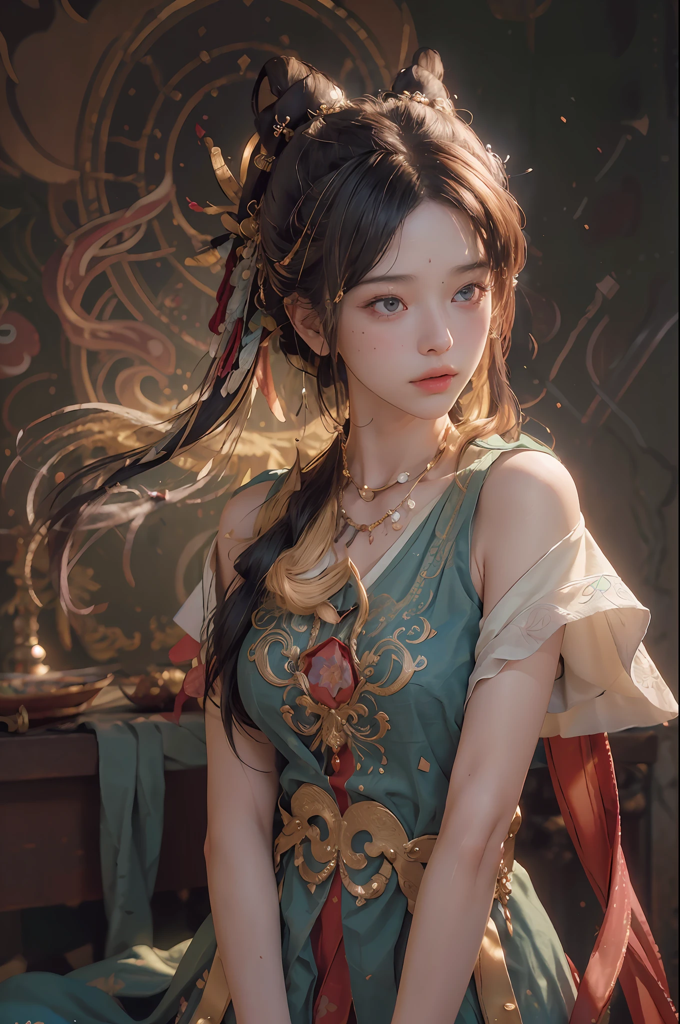 (RAW photo, best quality), (realistic, photo-realistic:1.3),best quality,highly detailed,masterpiece,ultra-detailed,illustration,1girl,upper_body,dynamic angle,world masterpiece theater,messy_long_hair,best quality,extremely detailed CG unity 8k wallpaper,ink,Amazing,cinematic lighting,lens_flare, dunhuang_style
