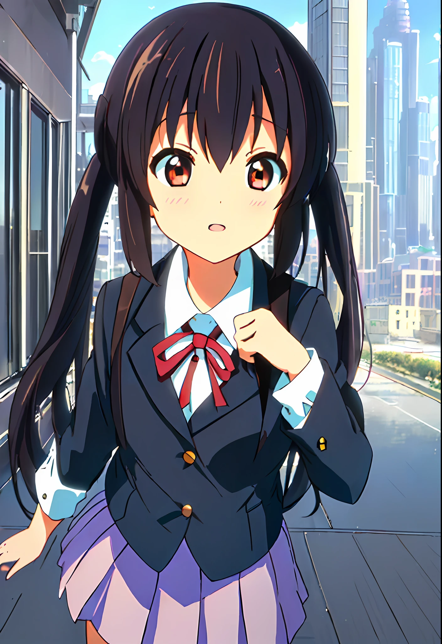1girl, ((((Masterpiece))), Best Quality, Best Quality, High Detail, Azusa Nakano, 1girl, Sakuragaoka High School Uniform, Musical Instrument, School Uniform, Twin Tails, Long Hair, Black Hair, Brown Eyes, Solo, Red, Dark blue blazer with a thin ribbon of red, Solid white button shirt under blazer, Illustration, Cartoon, Soothing tones, Muted colors, Soft cinematic light, Adobe Lightroom, Photo Lab, HDR, complex and highly detailed, (((depth of field))))). (((Masterpiece))). (((highest quality))).) ((super detail))). (((Illustration))). (((Outside))). (((fighting stance))).,((((Giantization))).dynamic focus.small breasts. (((skyscrapers))). (((Cityscape))).