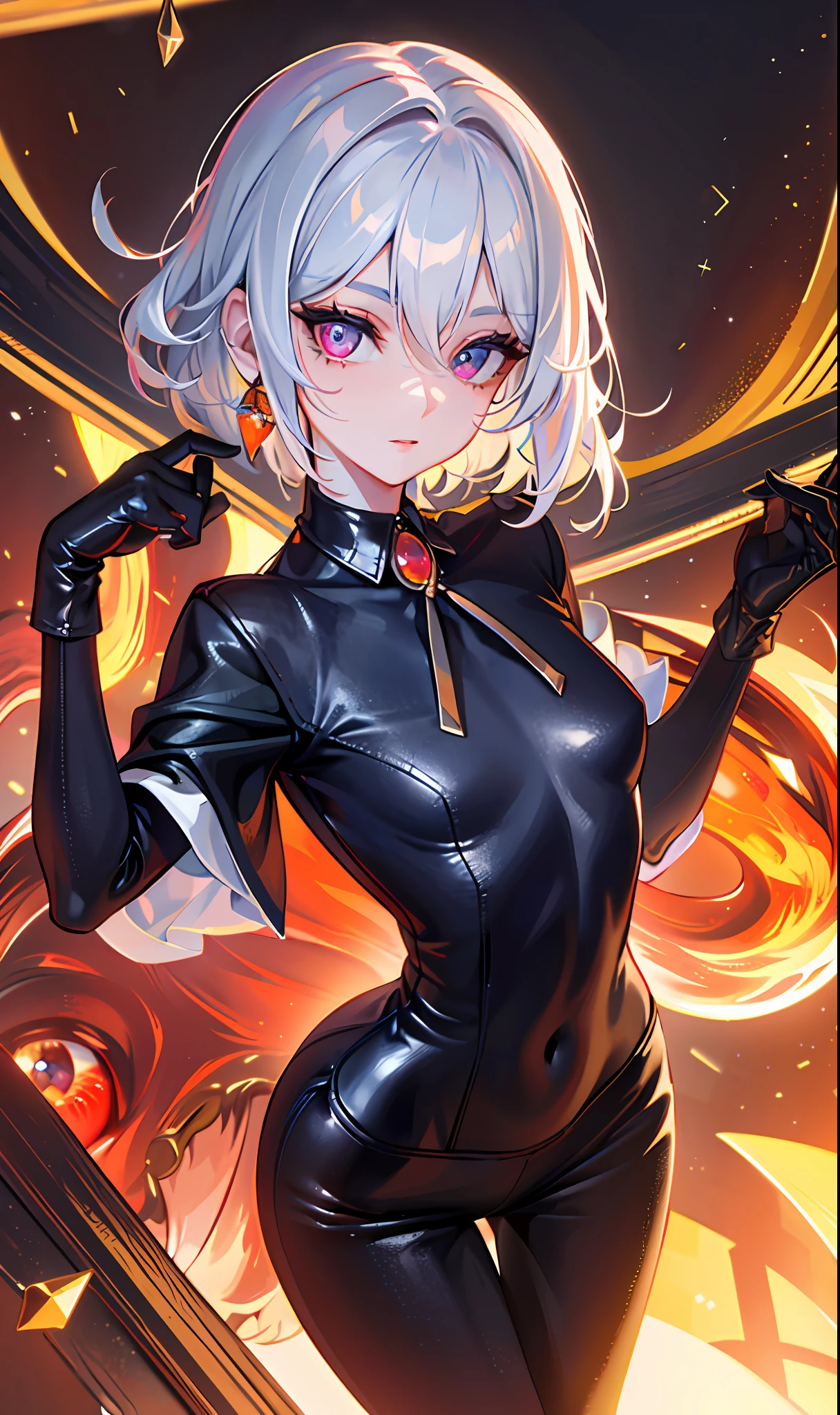 (masterpiece, sidelighting, finely detailed beautiful eyes: 1.2), (masterpiece*portrait), portrait, (bust), realistic, 3d face, lusious skin, ((solo)), (close-up of face), (fire opal-like eyes), (obsidian prosthetic eye), hanging eye angle, ((high detail skin, visible pores)), (perfect figure), a beautiful girl, small breasts, ((women's shirt)), (neck ring), (short gloves as short as half a palm)