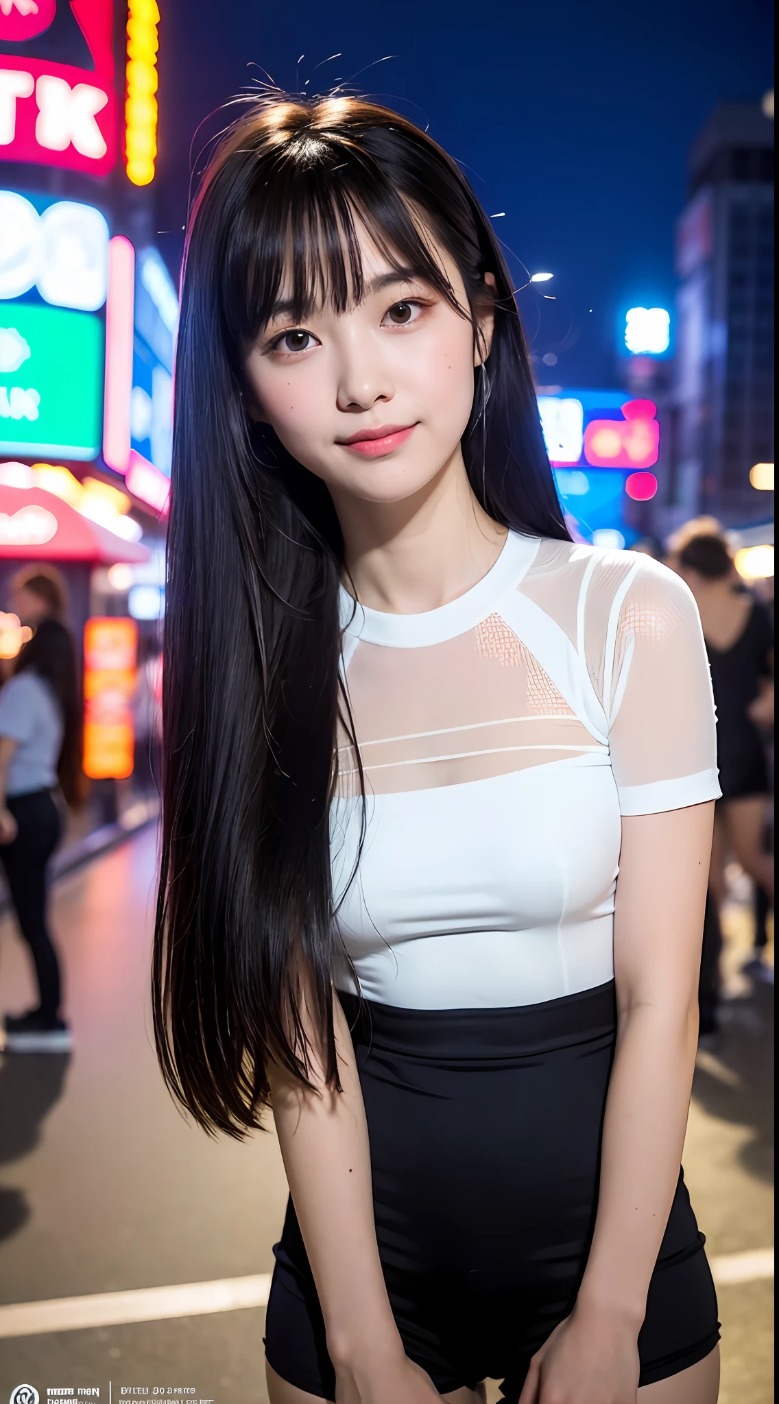 (8k, RAW photos, top quality, masterpiece: 1.2), ultra detailed, ultra high resolution, (realistic, photorealistic: 1.37), high detail RAW color photos, professional photos, depth of field, very delicate and beautiful, highly detailed, 8k wallpaper, amazing, detail, huge file size, official art, highly detailed CG Unity 8k wallpaper, highly detailed beautiful girl, highly detailed face, Very detailed eyes, very detailed skin, very detailed fingers, very detailed nose, very detailed mouth, perfect anatomy, very detailed background, very detailed clothes, 1 girl, (18 years old: 1.2), teenager, cute girl, famous Japan idol, cute, realistic body, petite, fair skin, shiny skin, slender body, good figure, black hair, long straight hair, (bangs: 1.2), smile, cute, young, cute face, baby face, realistic face, beautiful detailed eyes, drooping eyes, beautiful big eyes, big black eyes, beautiful clear eyes, (red swimsuit: 1.2), short sleeves, (shorts: 1.2), thighs, watch viewer, cowboy shot, facing forward, standing position, contrapposto, outdoor, (night: 1.2), neon city, neon lights, neon sign, public, crowd, studio lighting, portrait,