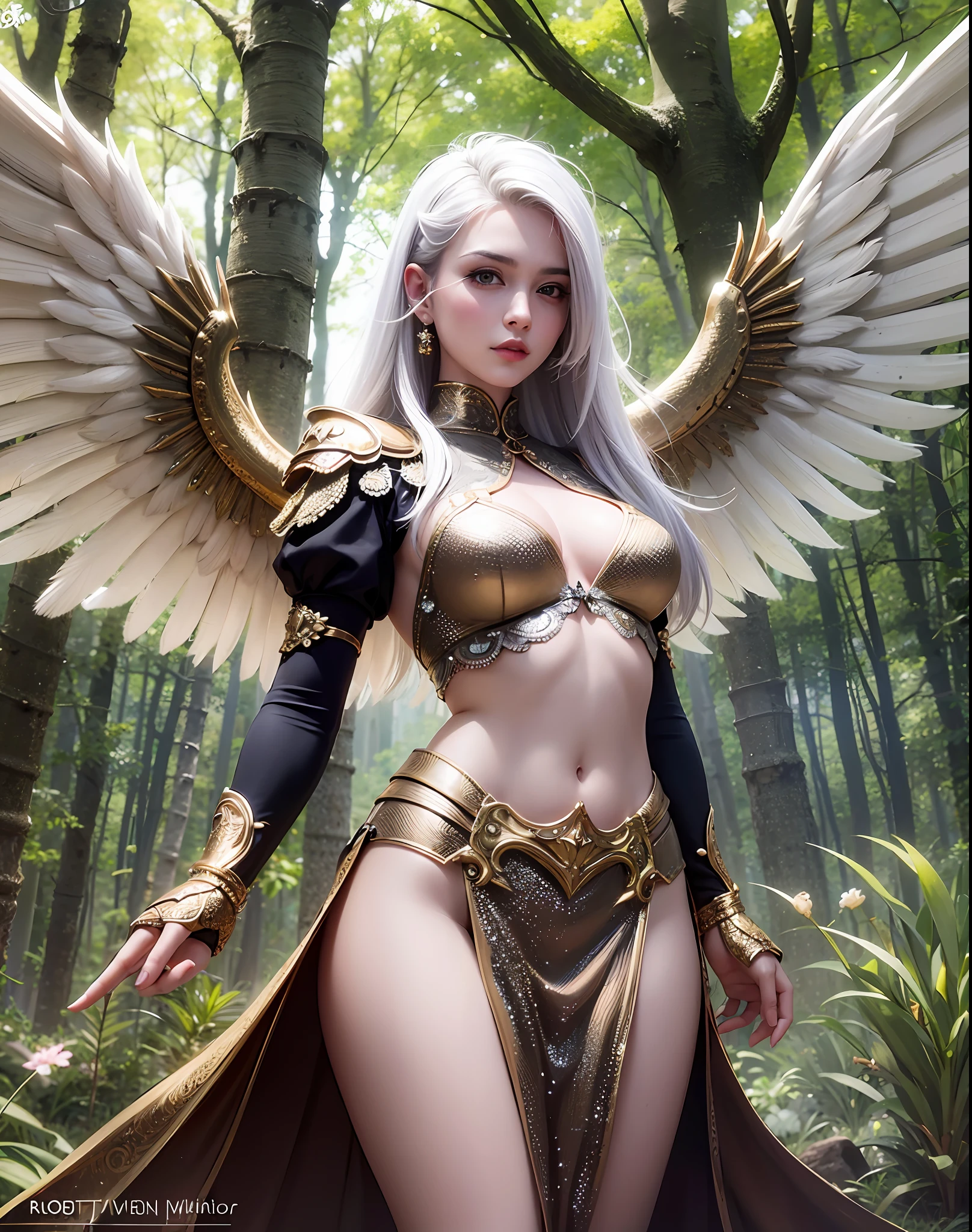 (8k, RAW, Photorealistic: 1.25) Realistic, Cinematic Light,(Action Pose: 1.4), (Dark Shot: 1.4), (High Detail Skin: 1.4), Platinum White Hair, Beautiful Angel Covered with Jewels, Highly Detailed Bronze Armor, Green Eyes, Broken Angel Wings, Sunlight, Through Dark Forest, Sunlight, Through Trees, 8 Life-Size, Chic body, (highest quality)), Tyndall effect,India,, add depth to the image with backlight effect ,, Perfect anatomy,