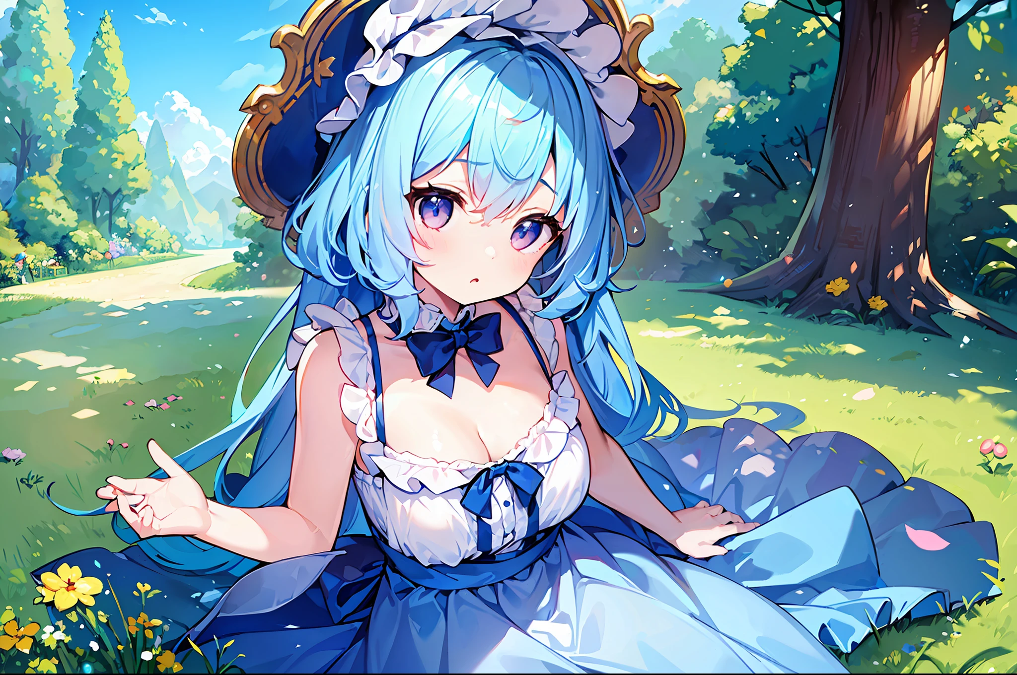 (masterpiece), (top quality), one little girl, loli with pale light blue hair, dress, sleeveless, small breasts, cleavage, thigh focus, blue sky and meadow