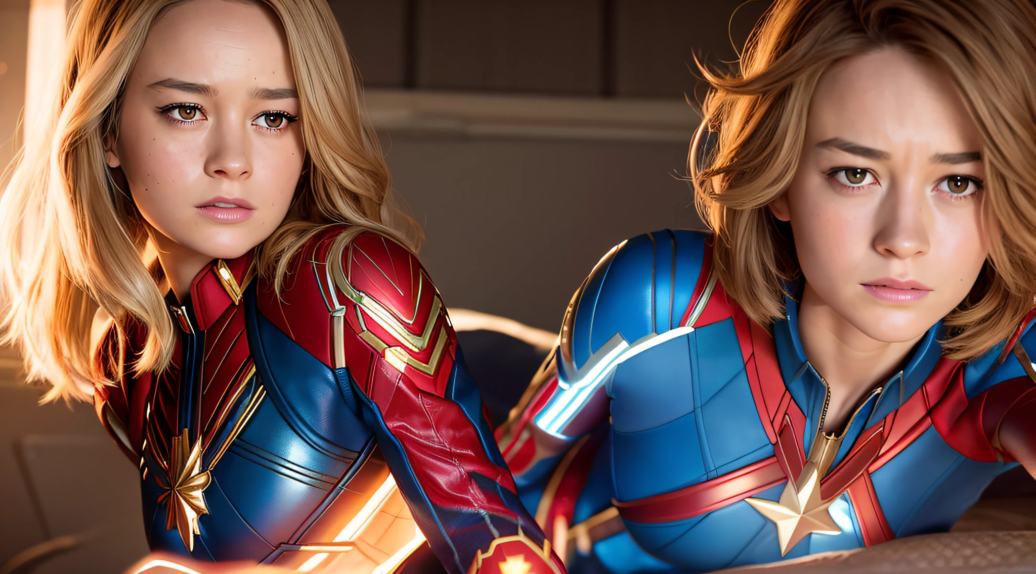 brie larson, captain marvel outfit, medium hair, full body portrait, emphasizing sexual appeal, cleavage)