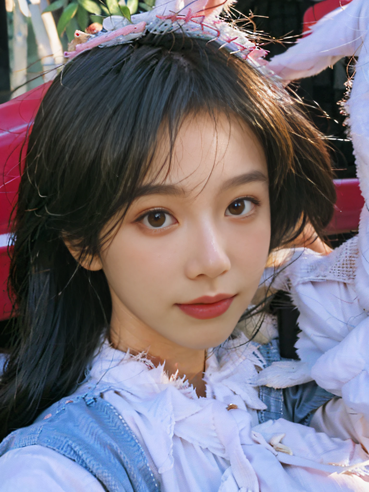 8K, Best Quality, Masterpiece, Ultra High Resolution, (Realism: 1.4), Original Photo, (Real Skin Texture: 1.3), (Film Grain: 1.3), (Selfie Angle), 1 Girl, Beautiful Eyes and Face Details, Masterpiece, Best Quality, Close-up, Upper Body Highest Quality Picture Quality Full