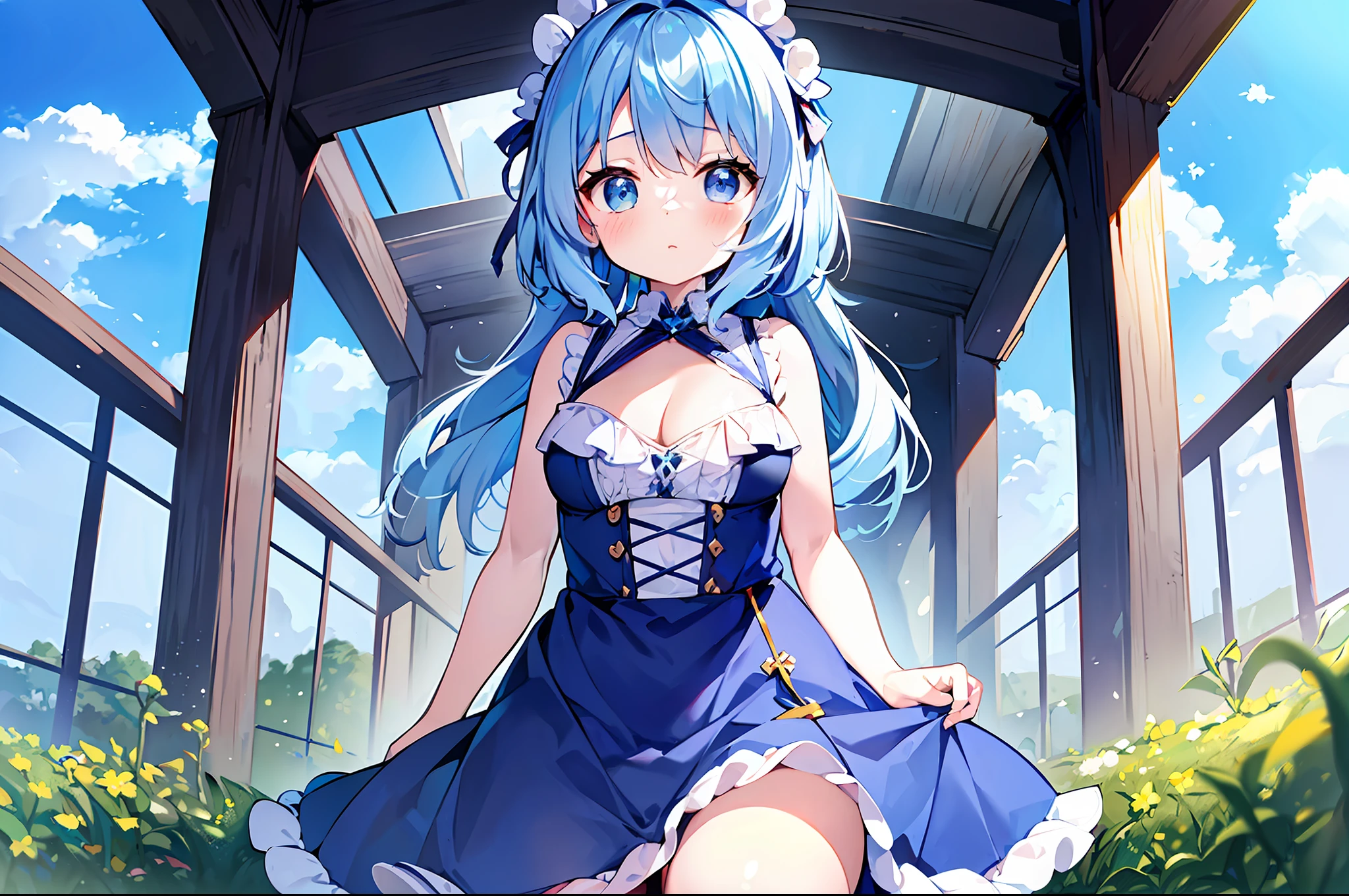 (masterpiece), (top quality), one , loli with pe light blue hair, dress, sleeveless, small breasts, cleavage, thigh focus, blue sky and meadow