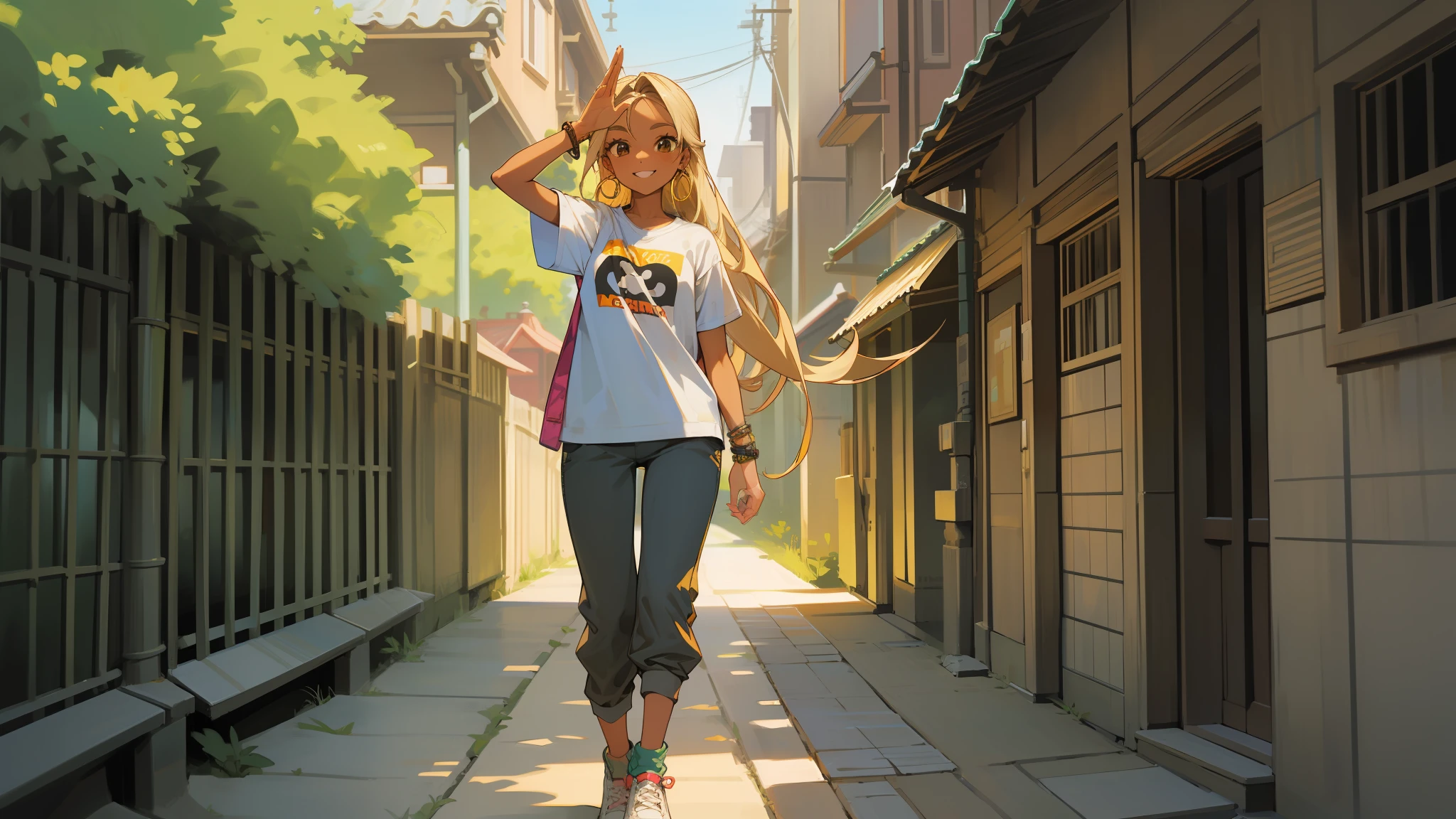 Beautiful 21-year-old, smiling and standing and waving her hand, she has hair long to half her back and straight, medium blonde color, light brown eyes with makeup, tanned skin. white baby look t-shirt, corsair-length legging pants up to the shin, hoop earring, Vans brand sneakers, bracelets on the right wrist, silver watch on the left wrist, full body, backyard scenery