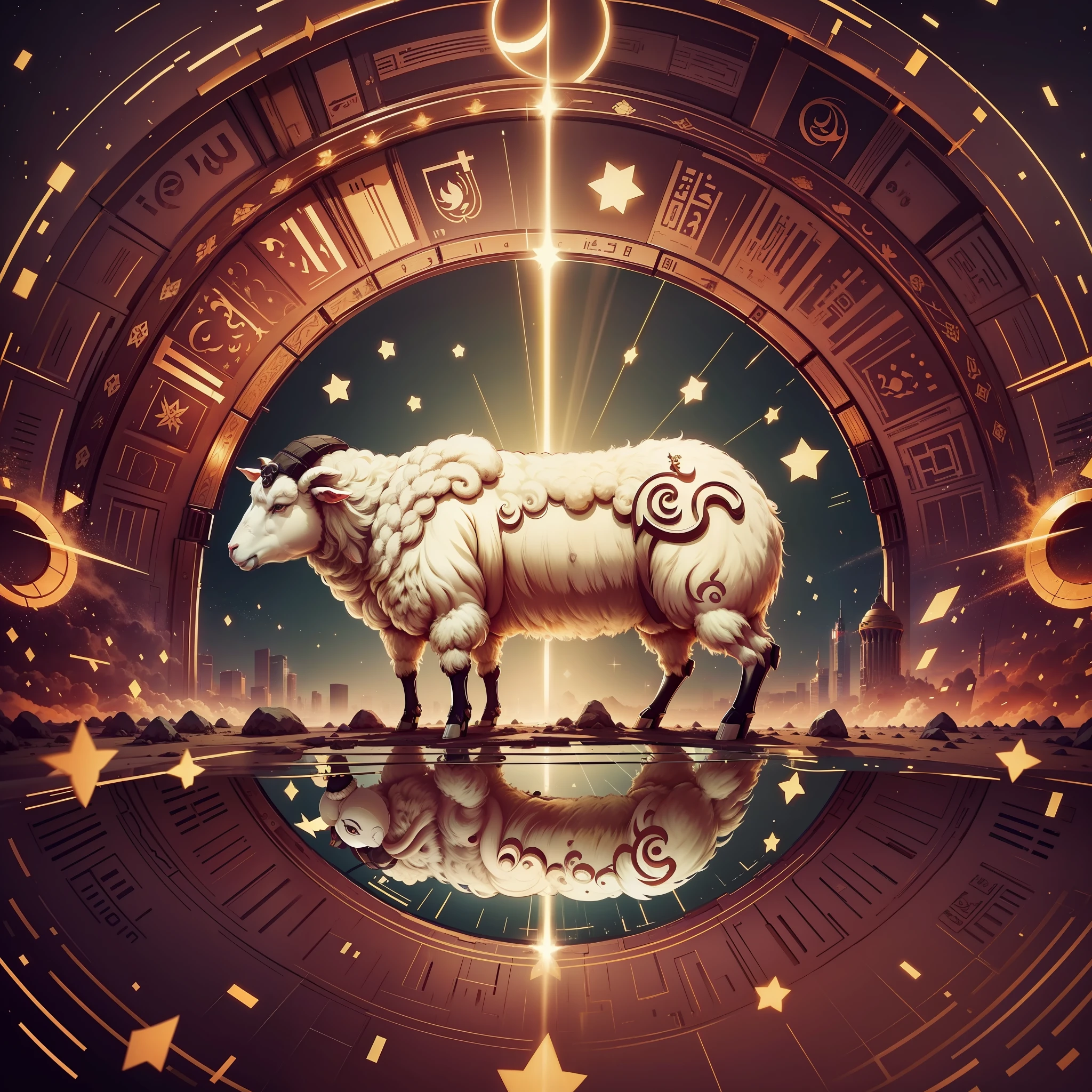 sheep ,happy eid al adha, kaabah, crescent , star, cinematic lighting, reflection light, god rays, UHD, high details, high quality, best quality, highres, 16k, 8k, HD