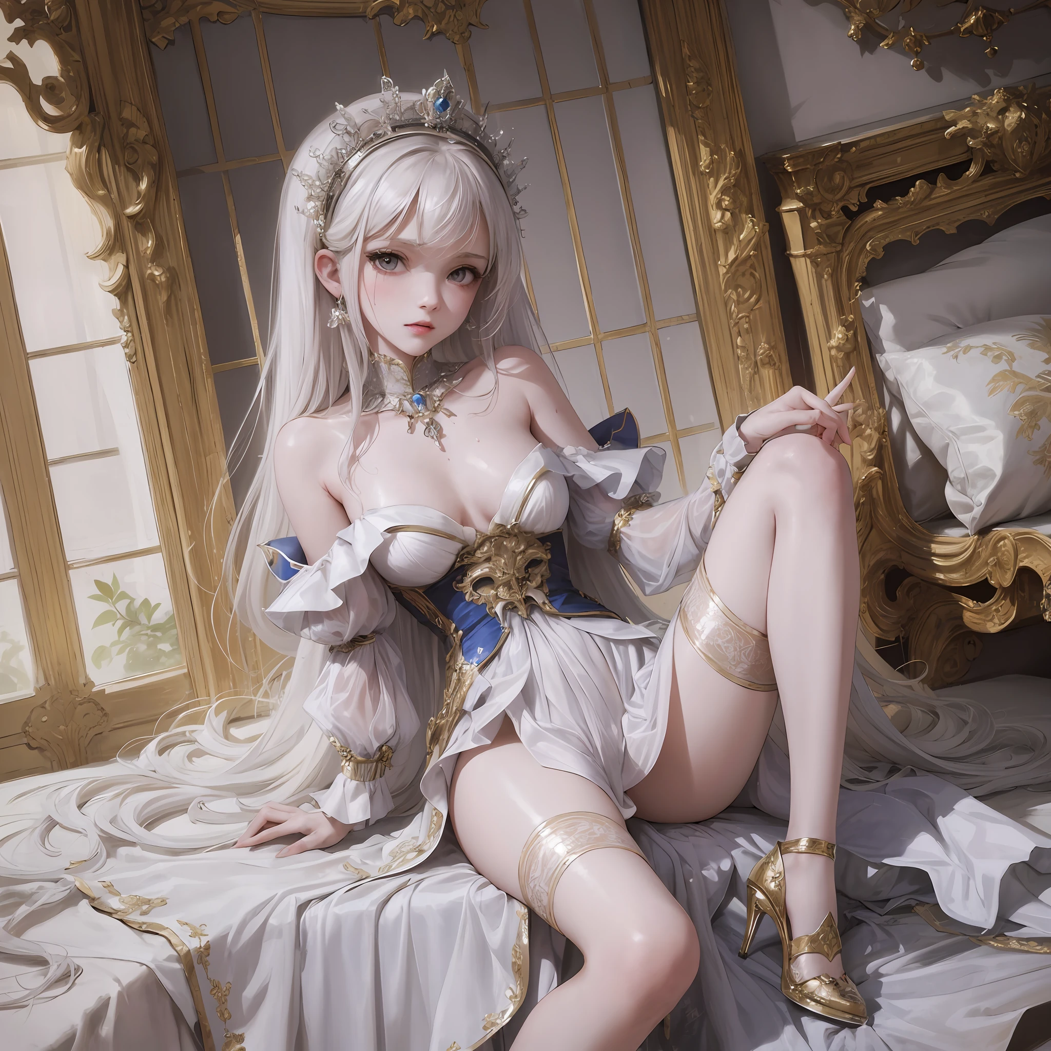 Daughter, white shoulder-length hair, beautiful girl, petite, loli, young, masterpiece, superlative, top picture quality, high heels, in bed, drenched, sweaty, erotic, seductive, blushing, princess, royal palace, no panties, transparent clothes, big breasts, sultry, dress