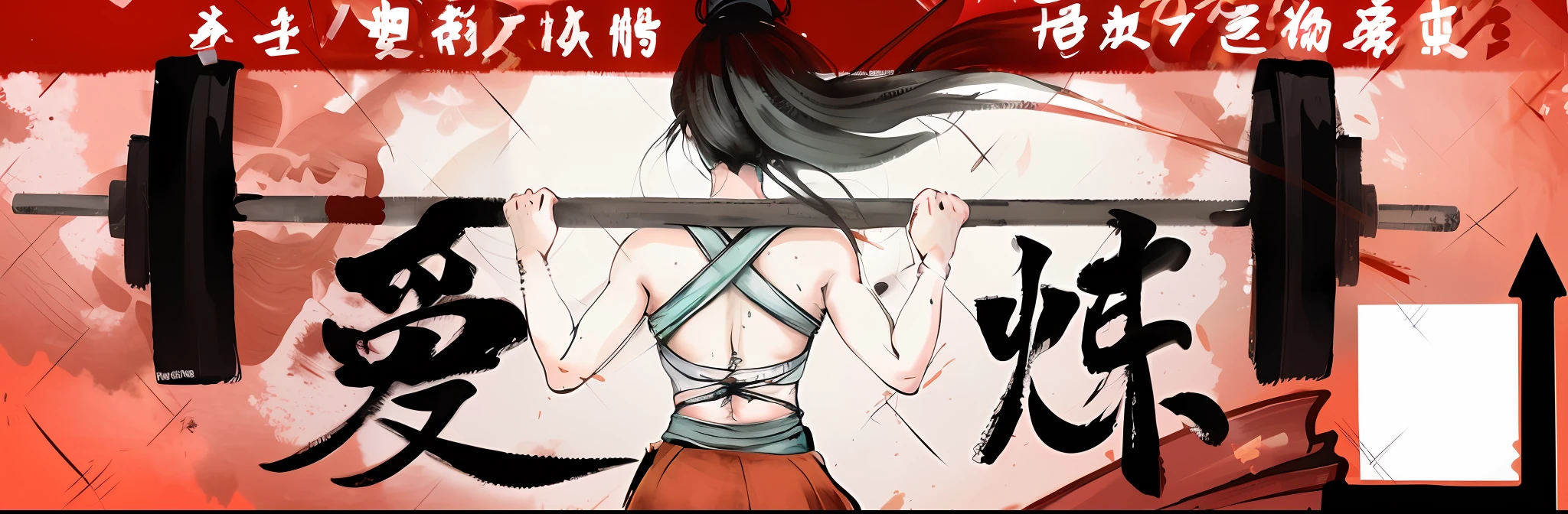 There is a painting of a woman holding a barbell, she lifts up hard, wearing a horse on the bottom, skirt Chinese ink style, martial arts, female warrior, digital anime illustration