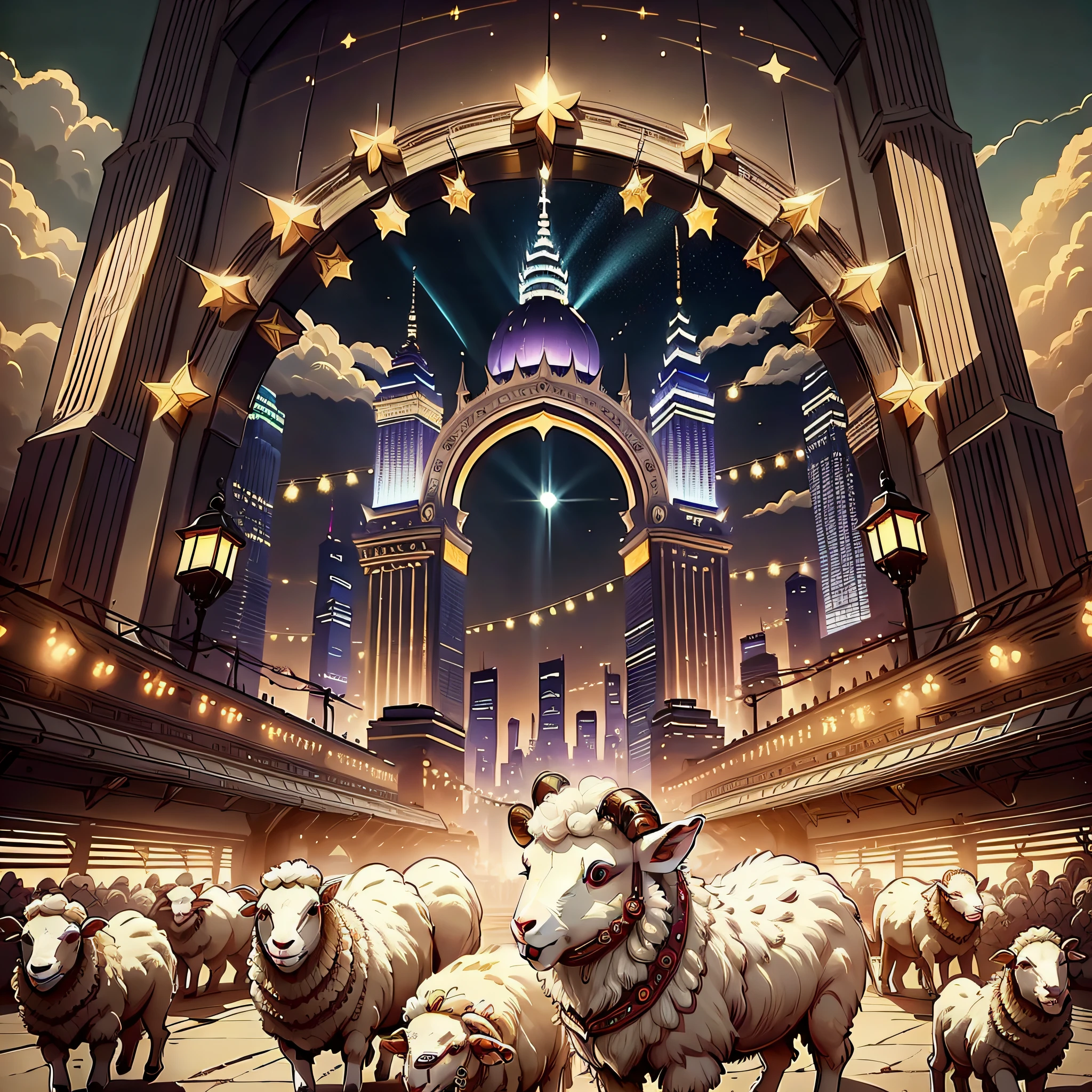 sheep ,happy eid al adha, kaabah, crescent , star, cinematic lighting, reflection light, god rays, UHD, high details, high quality, best quality, highres, 16k, 8k, HD