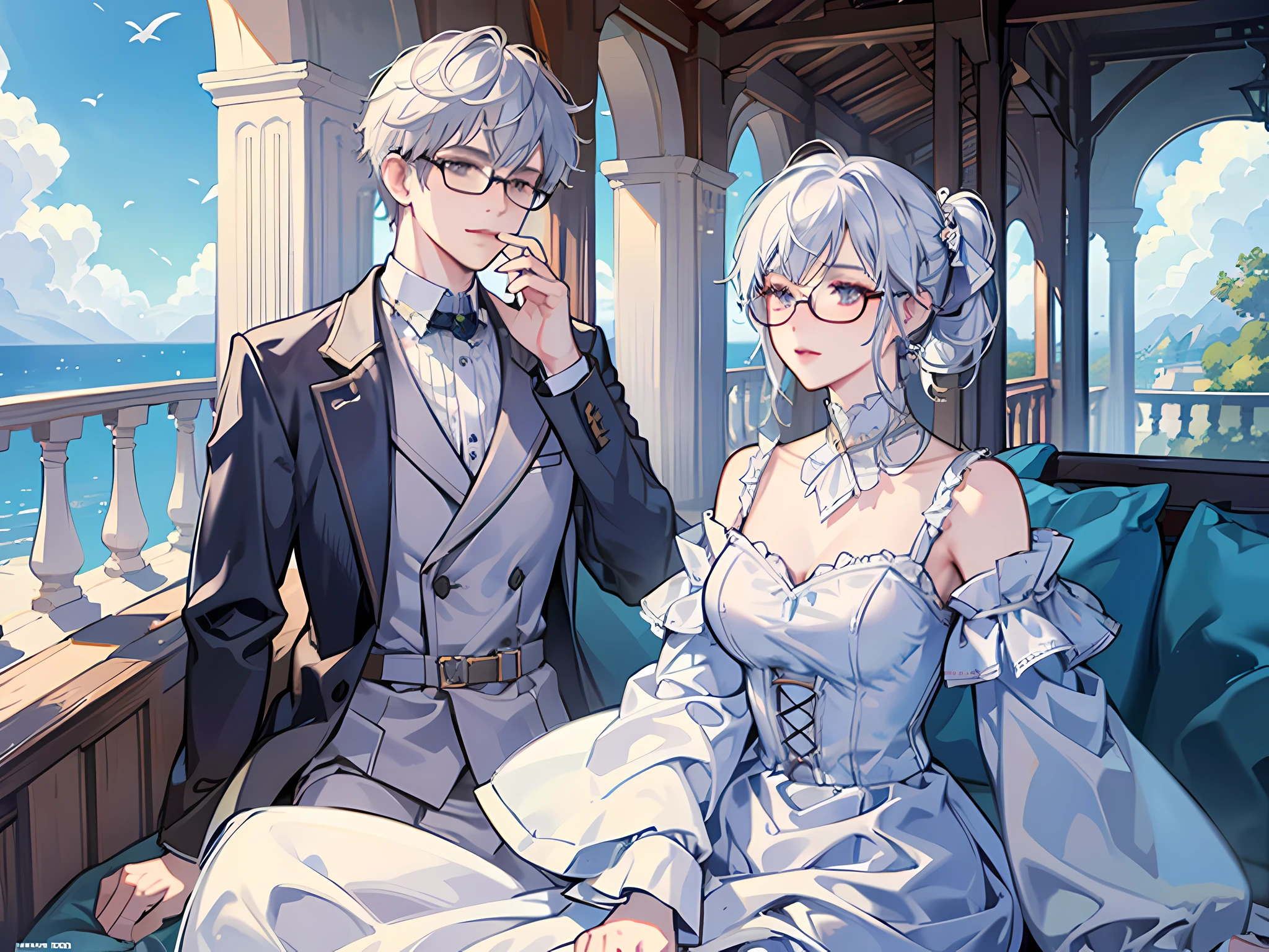 A man, short white hair, glasses, on the balcony of the villa, wind and sunshine, several women around, highest quality, super detail, masterpiece, high resolution, (8k), (super detailed CG),