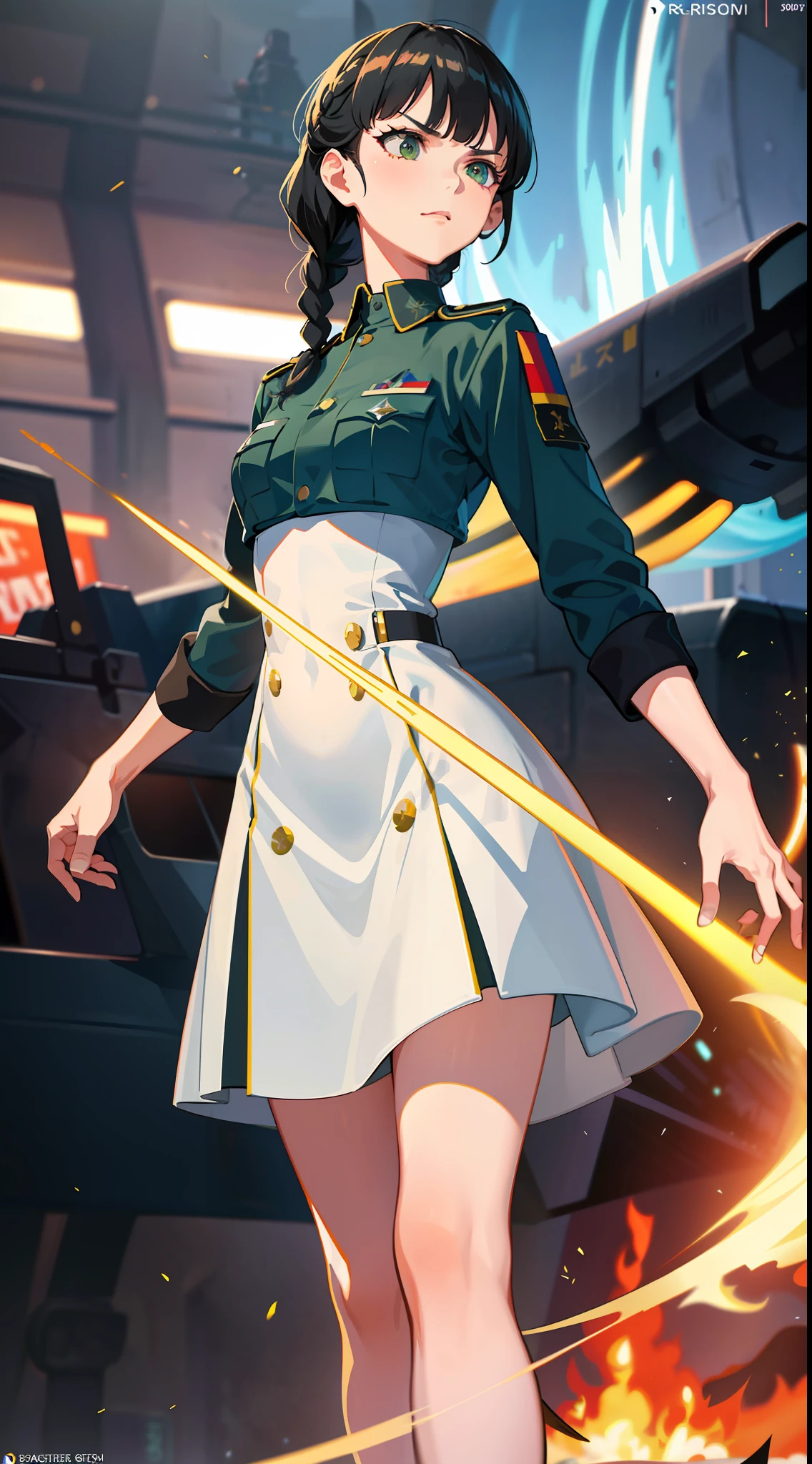 (Science fiction) A CG movie logo based on a movie poster, representation (28-year-old woman, thin body and small breasts, green eyes, black double-braid hairstyle (bangs), red-eyed mirror warrior, white dress in the uniform of a German World War II general in the background image, serious expression) realistic facial expressions, best 3D faces, war-themed, air force and army elements, plus a fighter jet (CG best), beautiful effect, and the final presentation should be a serious scene.