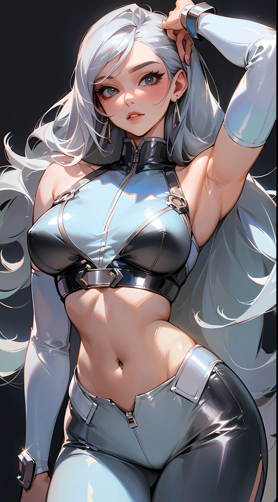 Best quality, masterpiece, portrait, perfect anatomy, flawless, 1woman, solo, sexy, stylish, mature, silver pants, croptop, long hair, feminine, cool, queen, correct female anatomy,