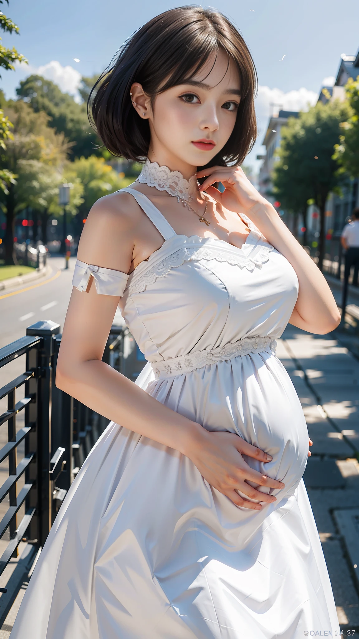 1girl, (looking at the audience), (bokeh: 1.1), split lips, innocent, realistic, arm on belly, maid outfit, pregnant, pregnant potbelly, nine pregnant,
Best quality, (realistic: 1.4), super high resolution, wedding dress, big breasts, low cut, E cup, strangle, low cut