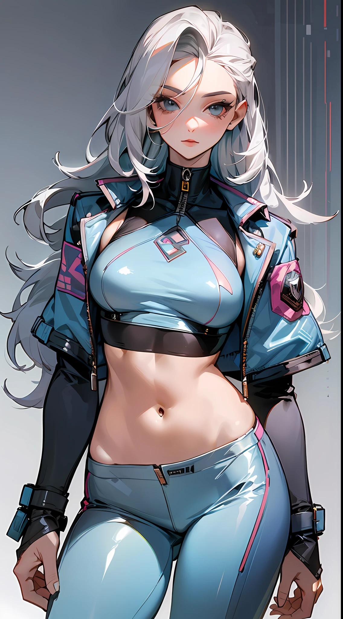 Best quality, masterpiece, portrait, perfect anatomy, flawless, 1woman, solo, sexy, stylish, mature, silver pants, croptop, jacket, long hair, feminine, cool, queen, correct female anatomy,